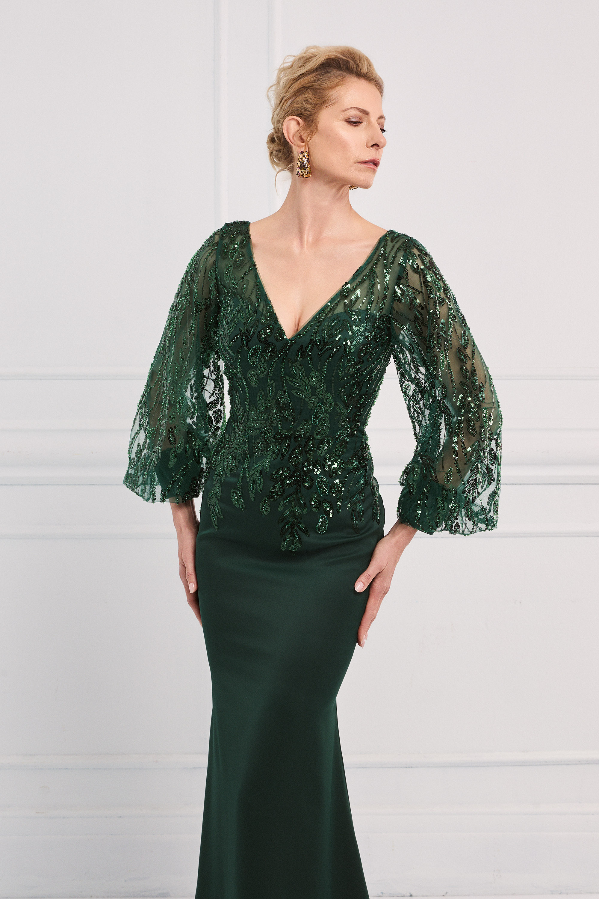 Classic Dresses / Classic long dress with satin skirt, fully embroidered top, and long sleeves with cuffs