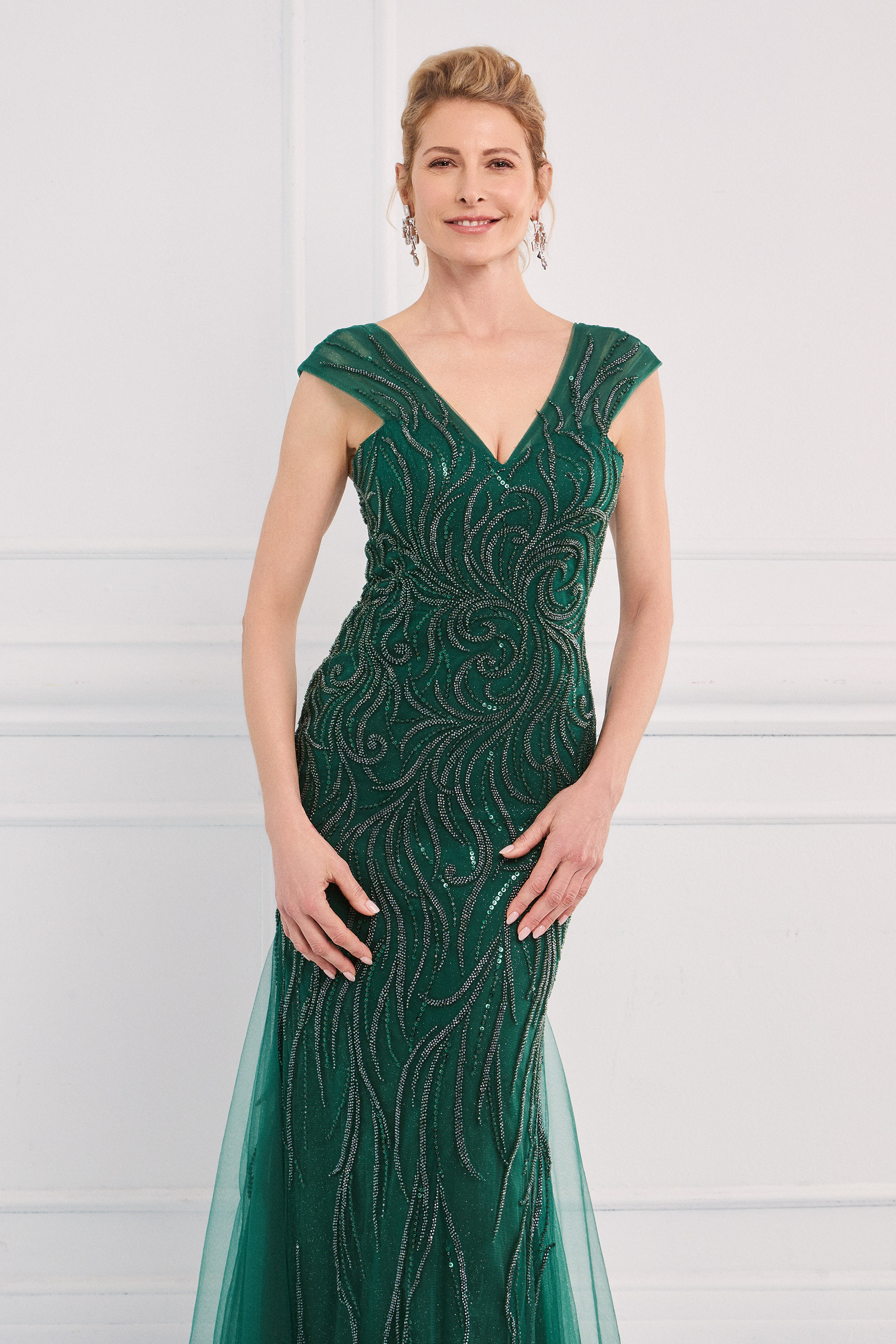 Classic Dresses / Classic long dress made of fully embroidered tulle with wide straps