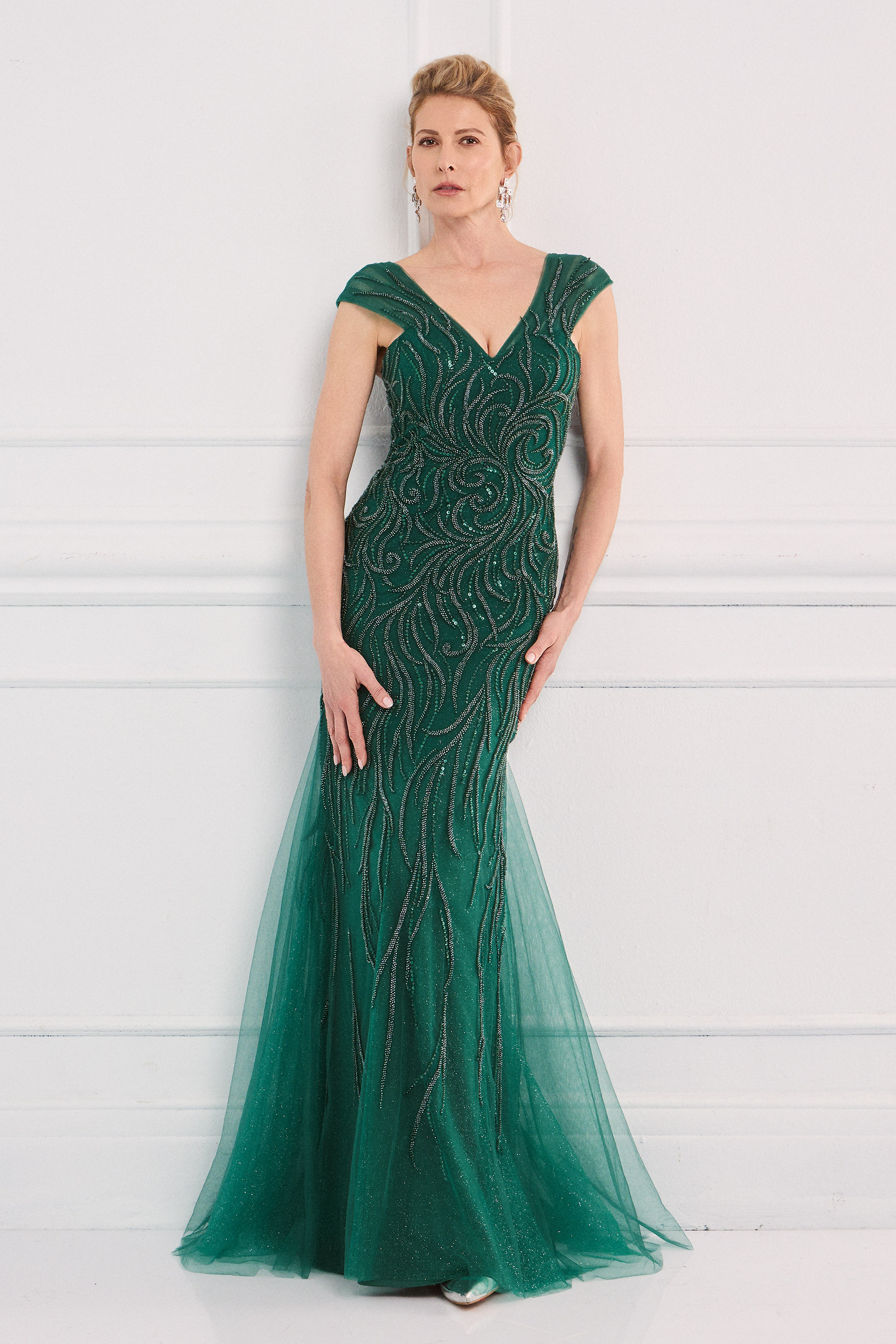Classic Dresses / Classic long dress made of fully embroidered tulle with wide straps