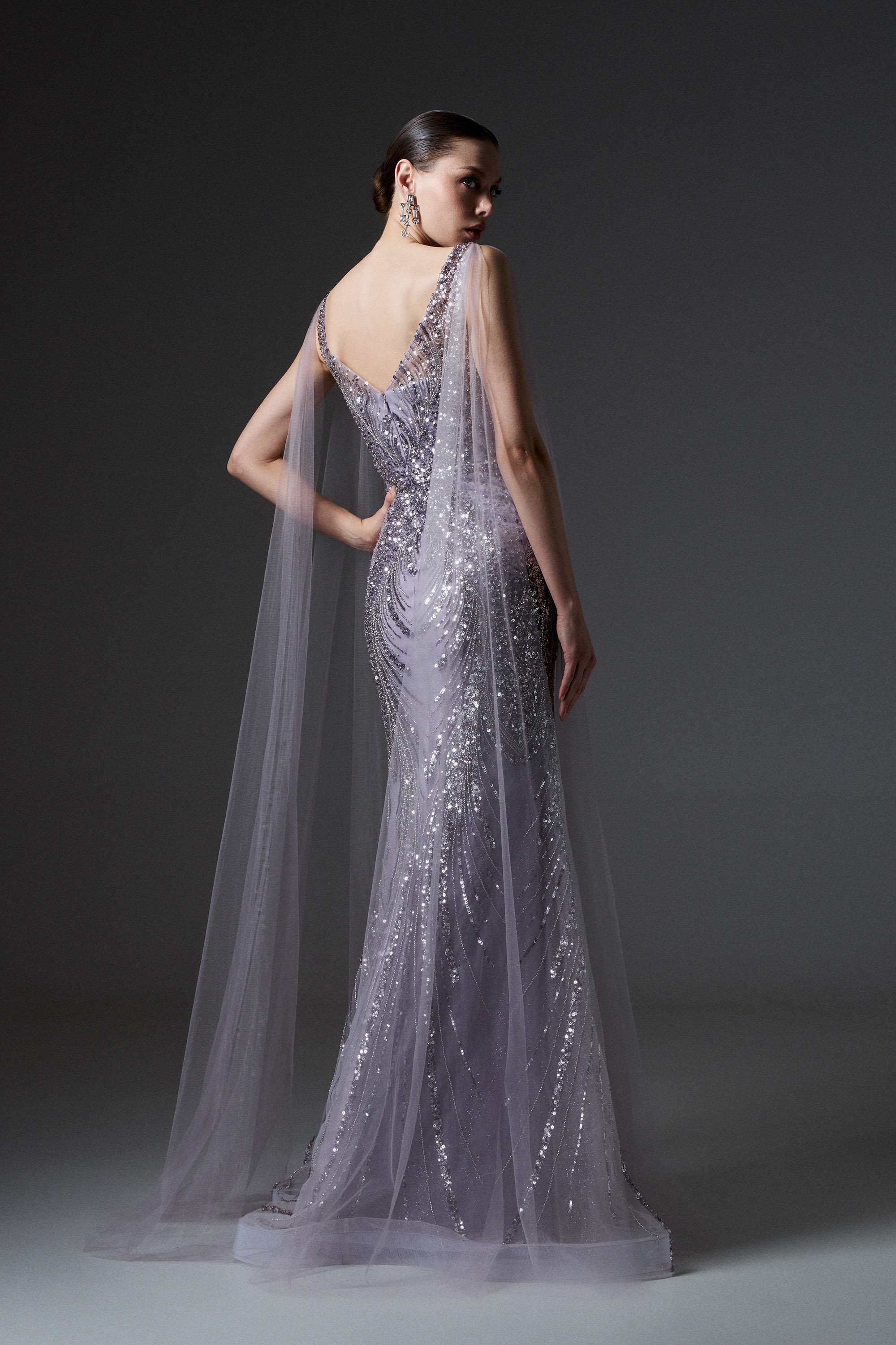 Red Carpet / Evening long fully embroidered dress with tulle on the shoulders