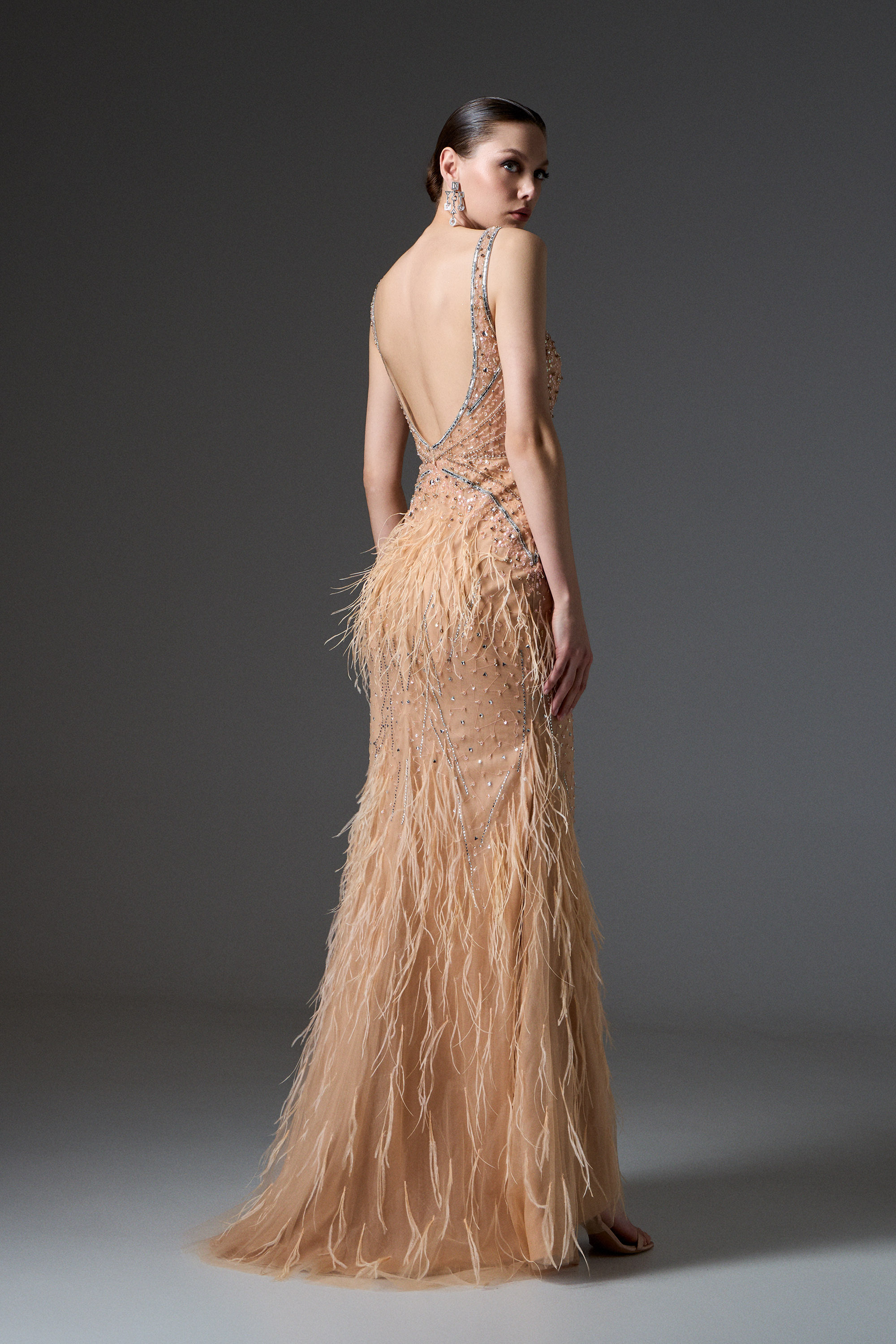Red Carpet / Evening long fully embroidered dress with feathers