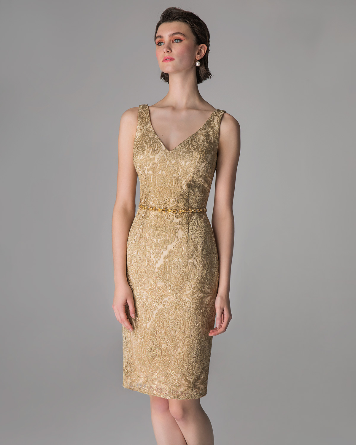 Short lace dress for mother of the bride  with beading around the waist