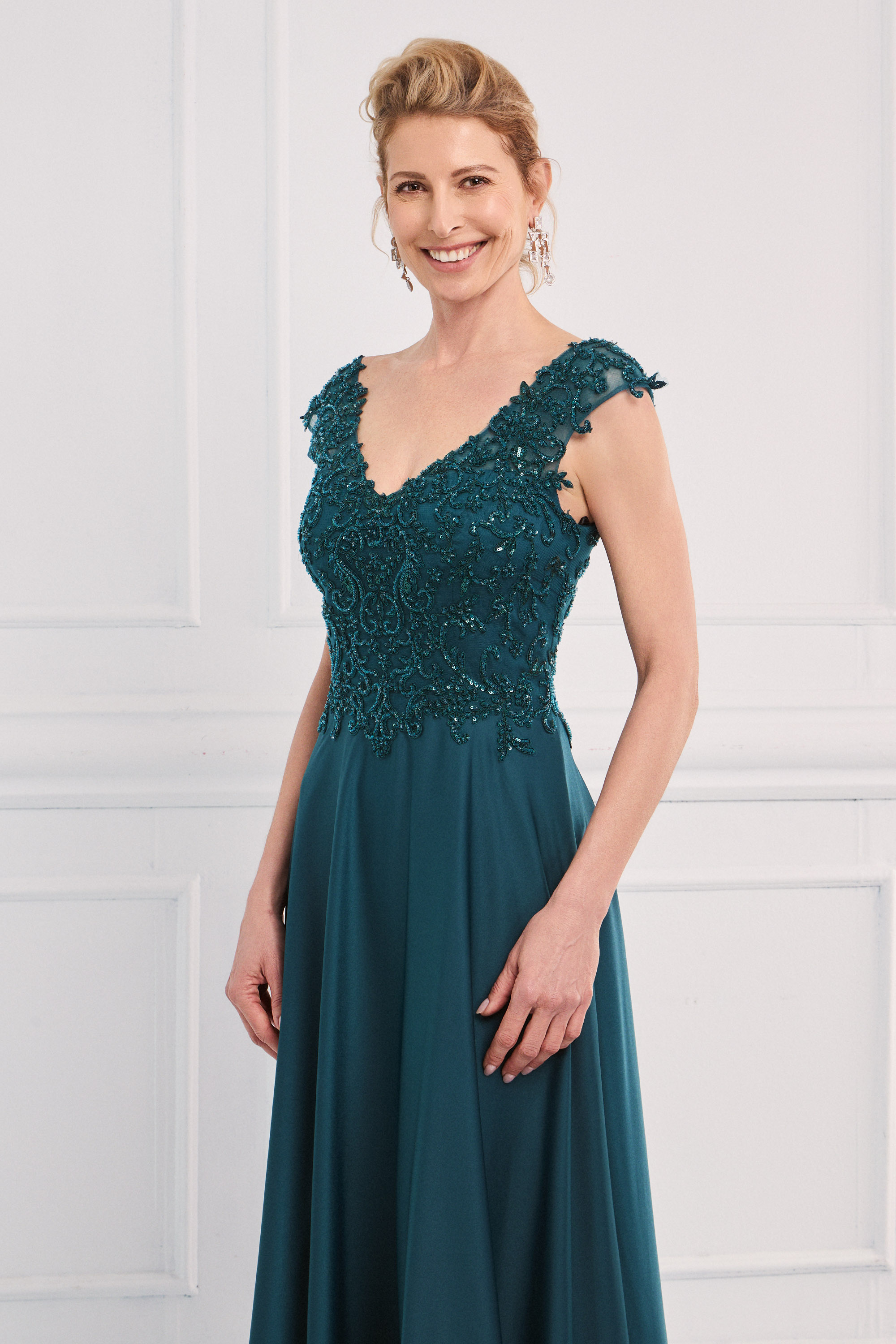 Classic Dresses / Classic long dress with satin skirt and fully embroidered top with wide straps