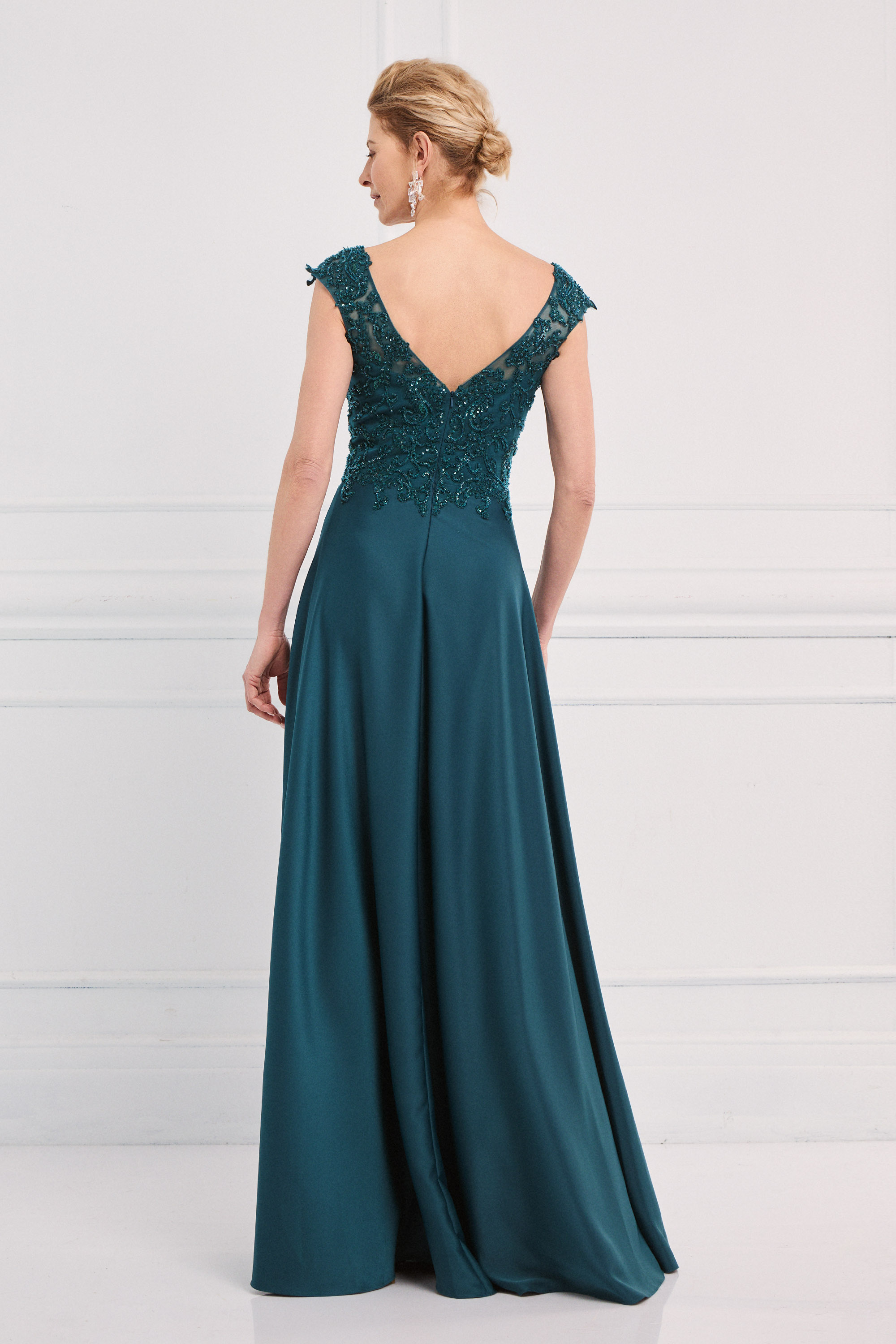Classic Dresses / Classic long dress with satin skirt and fully embroidered top with wide straps