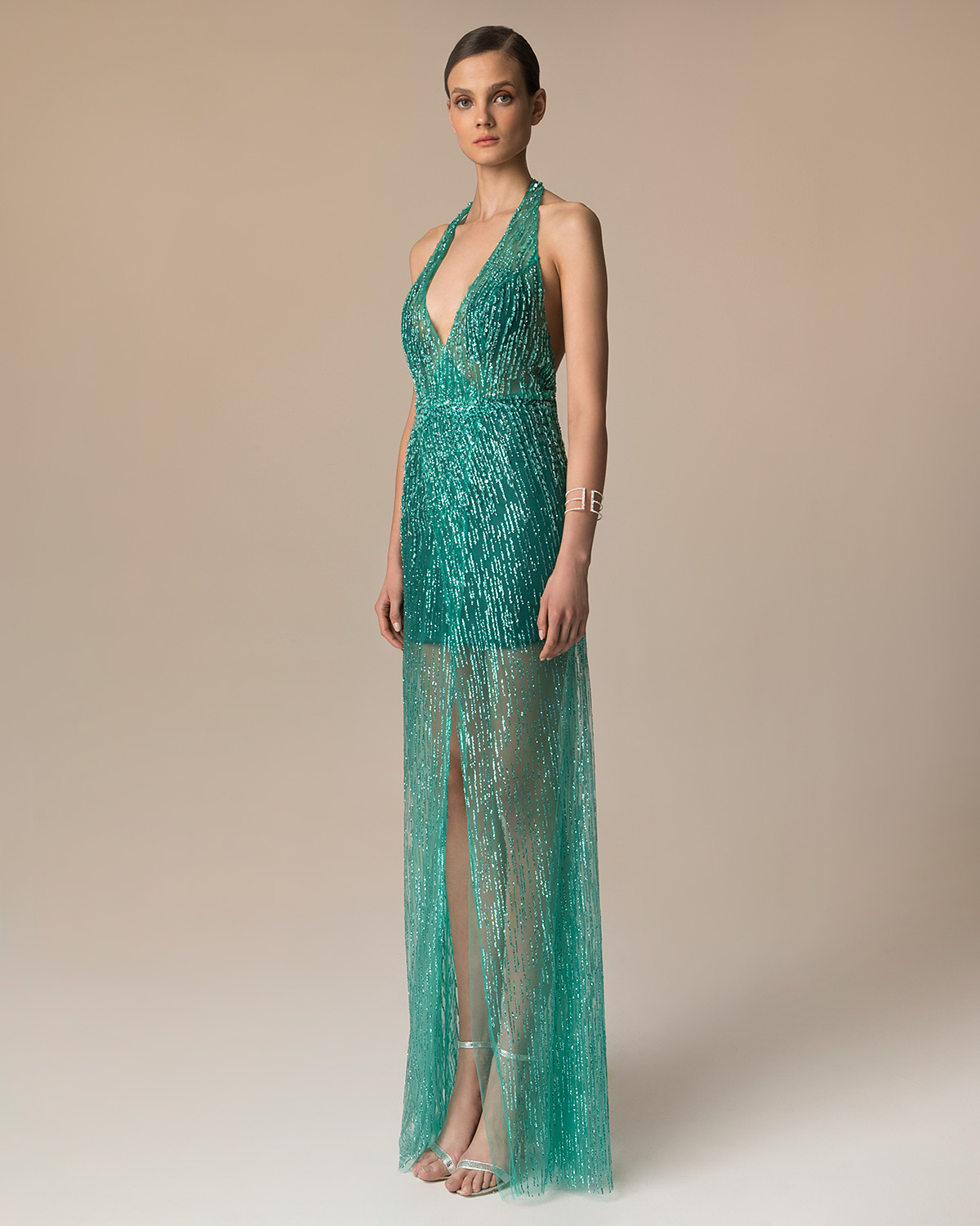 Evening Dresses / Long evening fully beaded dress with open back