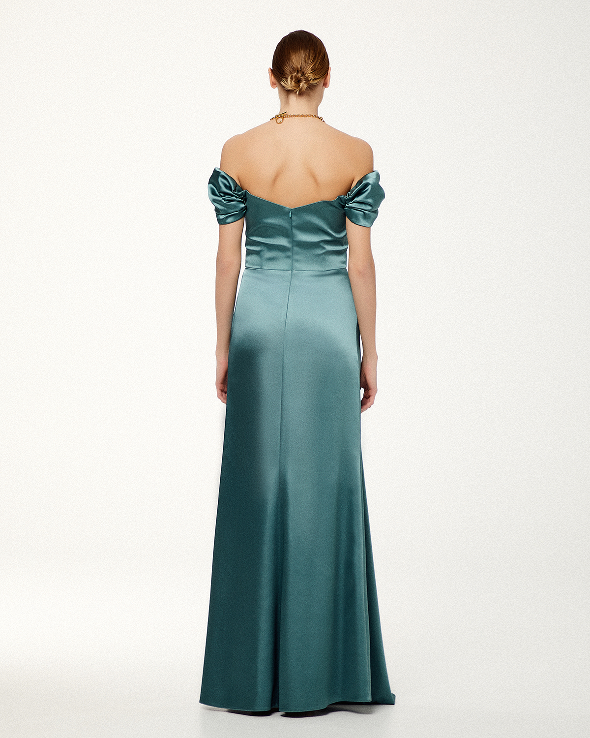 Long cocktail satin dress with sleeves