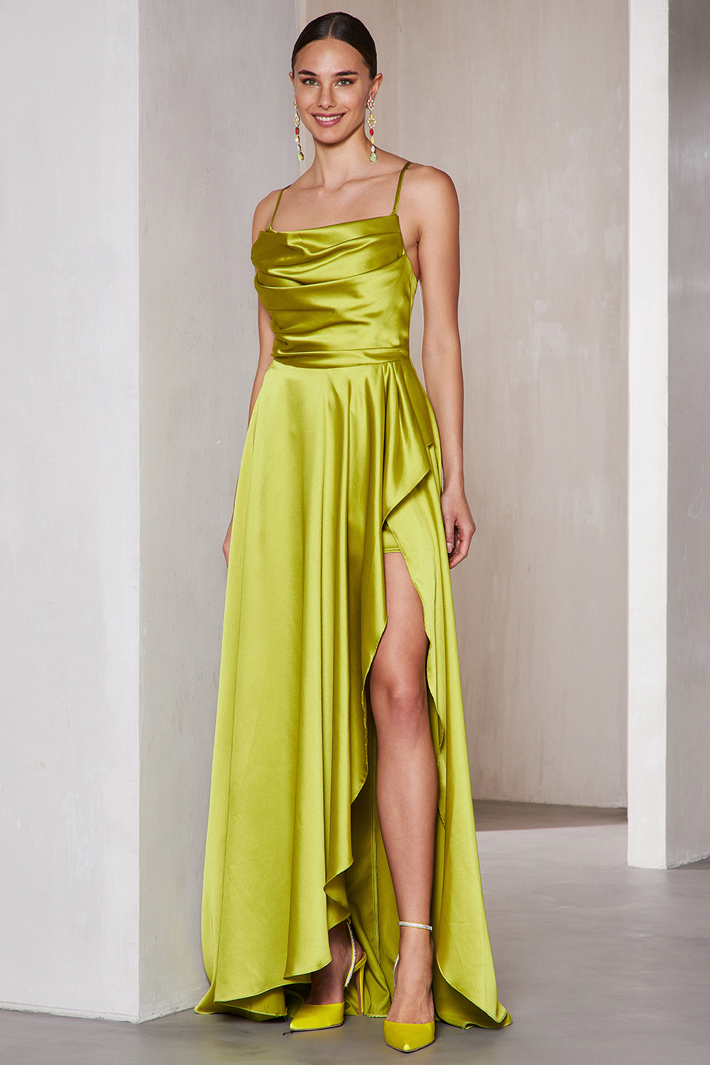 Long cocktail satin dress with straps and opening
