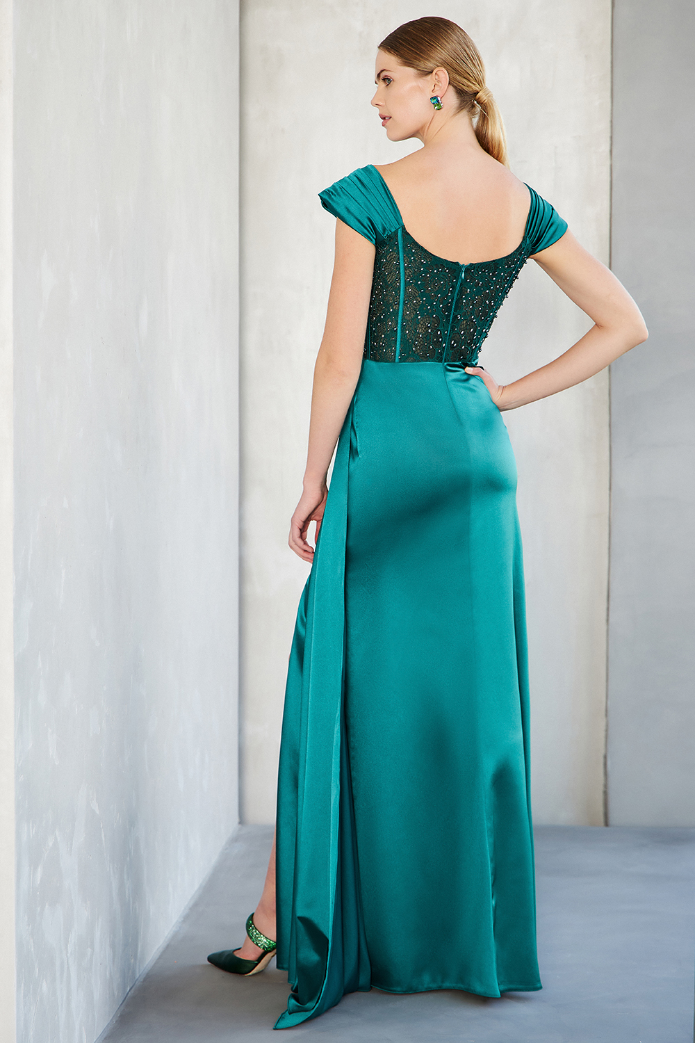 Long evening satin dress with lace at the top