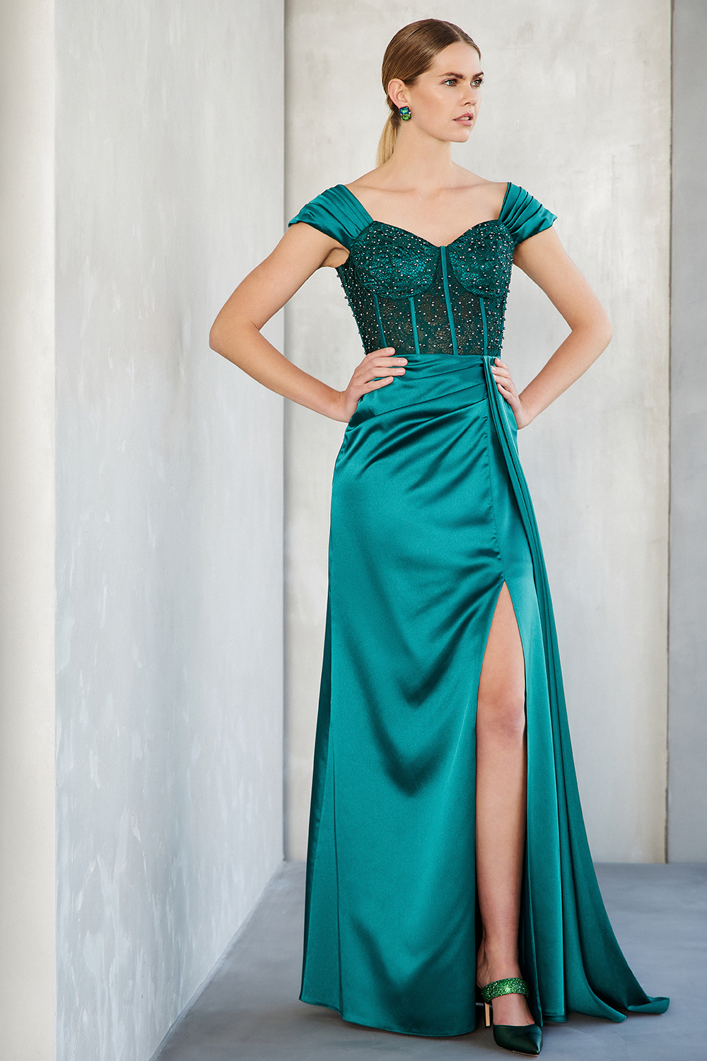 Long evening satin dress with lace at the top
