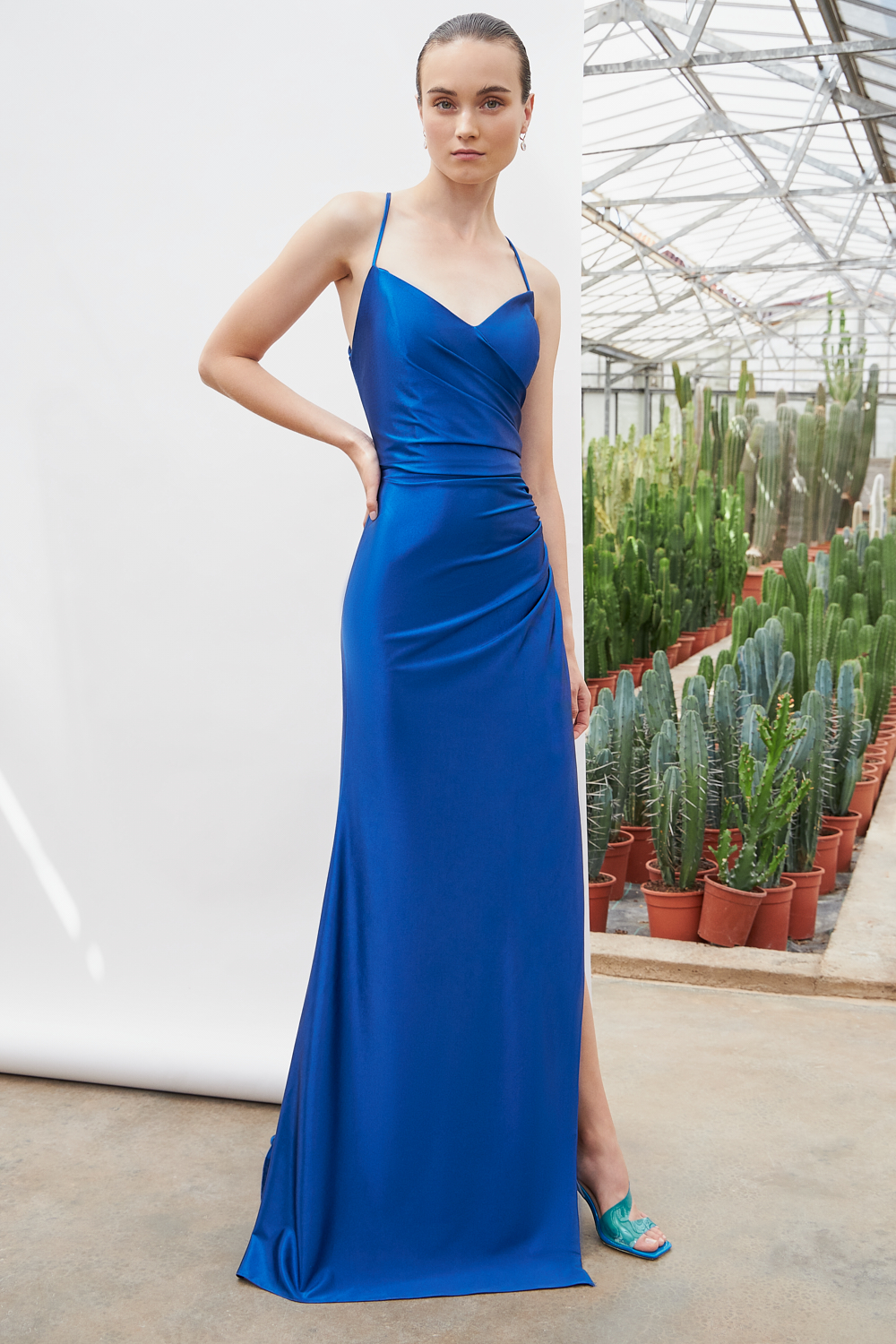 Cocktail Dresses / Long evening satin dress with straps, open back and opening