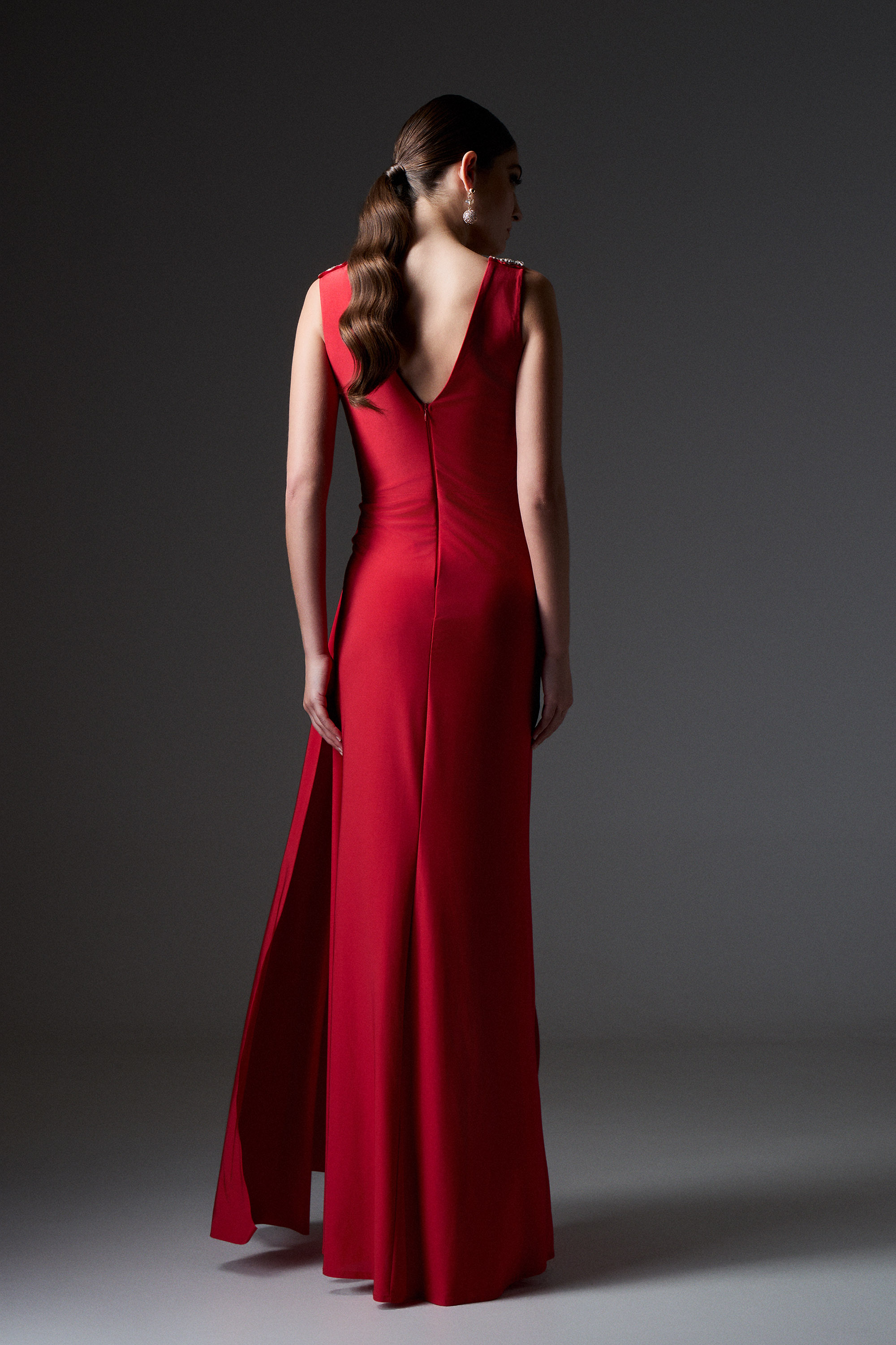 Red Carpet / Evening long dress with draped top, embroidery on the straps, and a slit