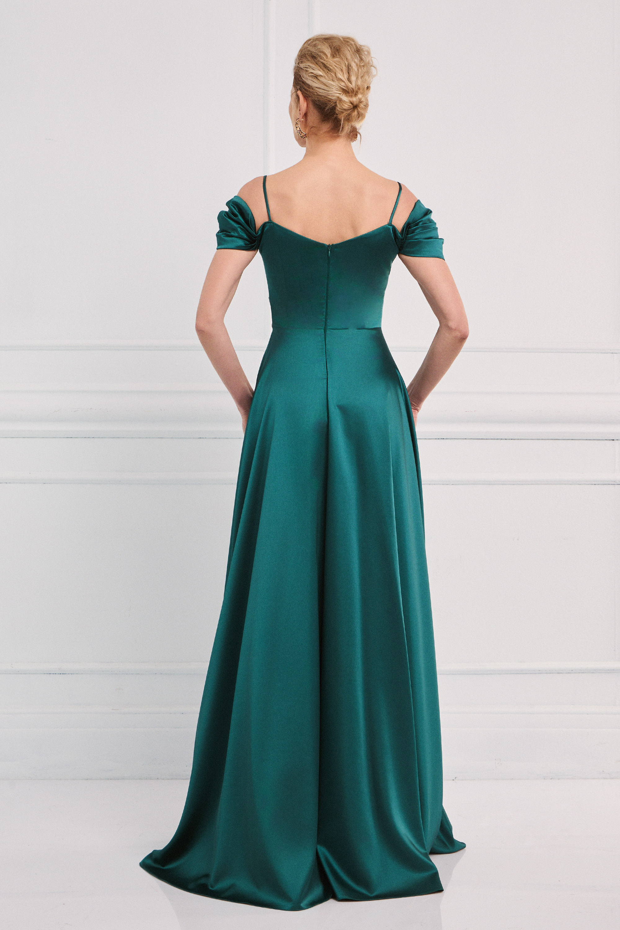 Classic Dresses / Evening long satin dress with off-the-shoulder sleeves, draped top, and embroidery on the side