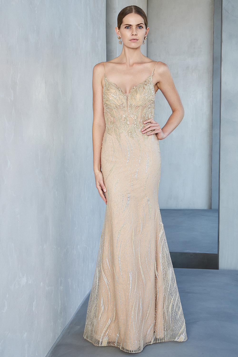 Evening Dresses / Long evening fully beaded dress with straps
