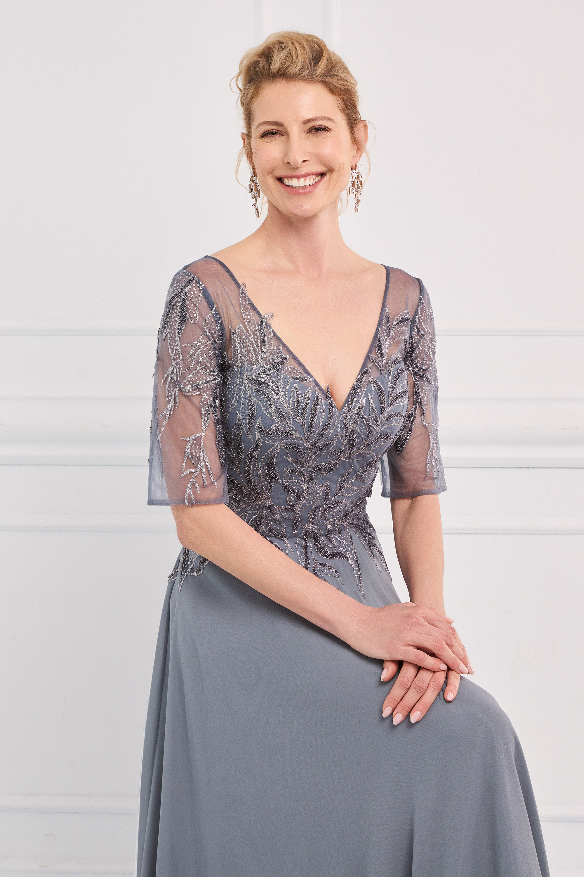 Classic Dresses / Classic long chiffon dress with fully embroidered top and sleeves