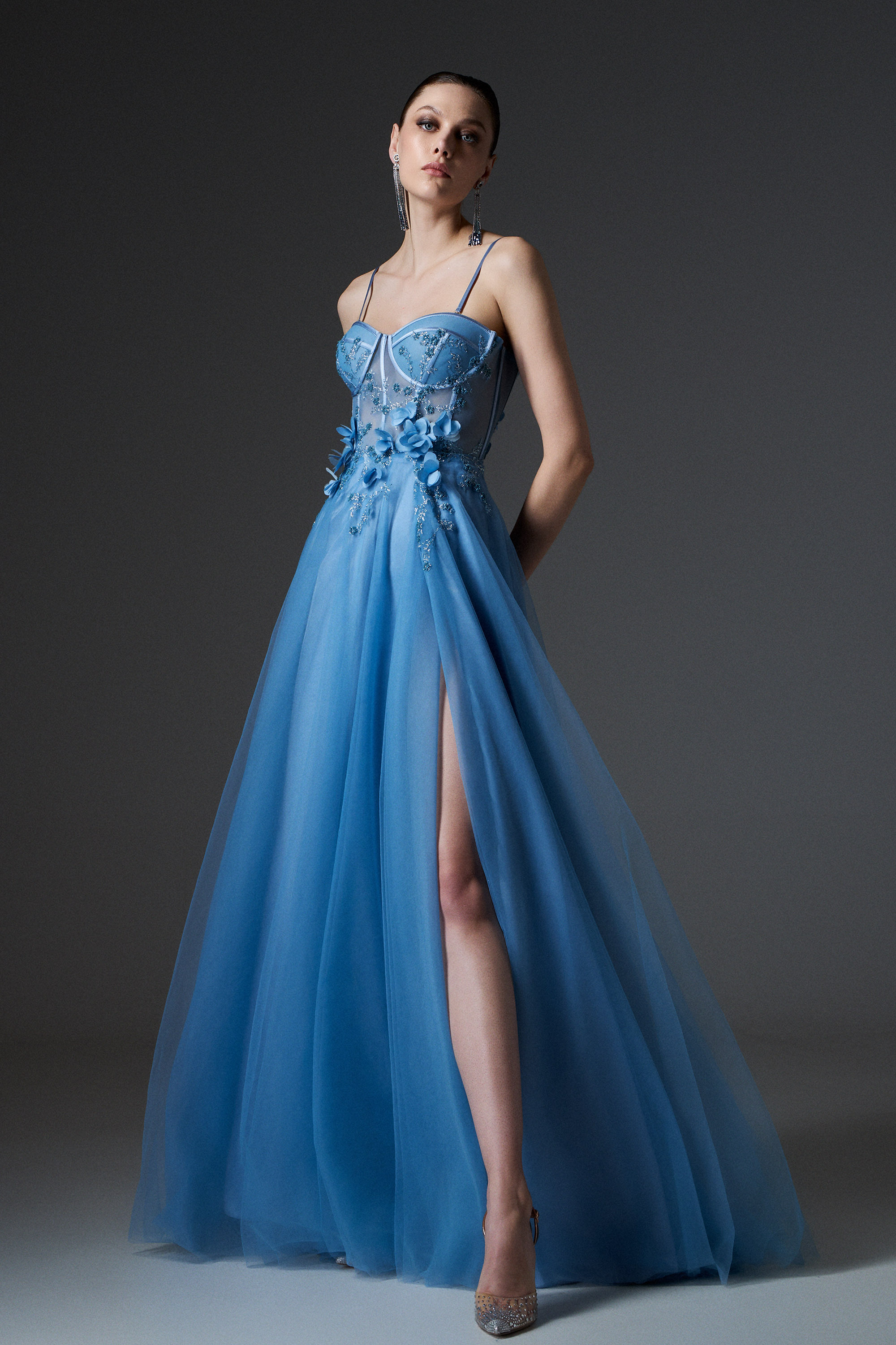 Red Carpet / Evening long tulle dress with embroidered boned top