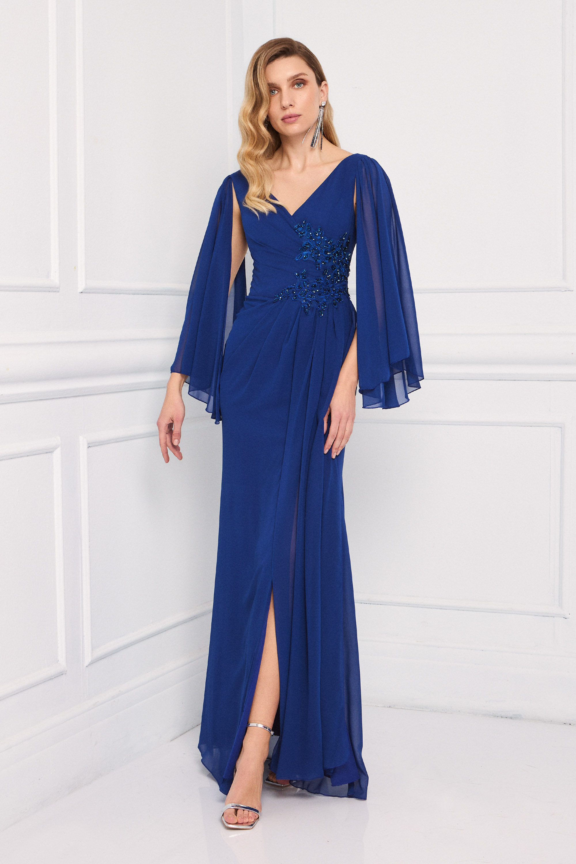 Classic Dresses / Classic long chiffon dress with embroidered top, long sleeves, and a slit