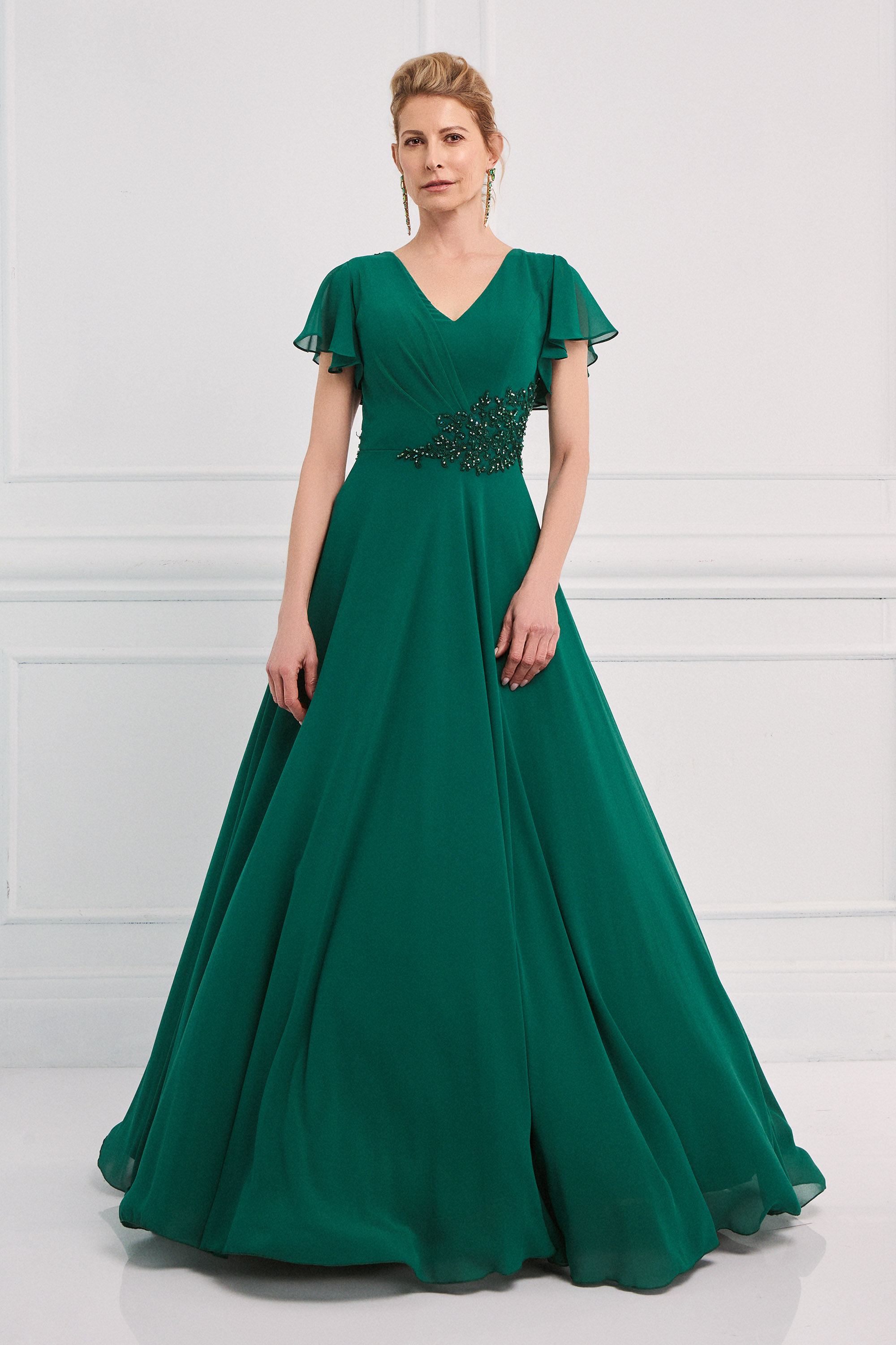 Classic Dresses / Classic long chiffon dress with short sleeves, embroidery on the top, and lace on the back