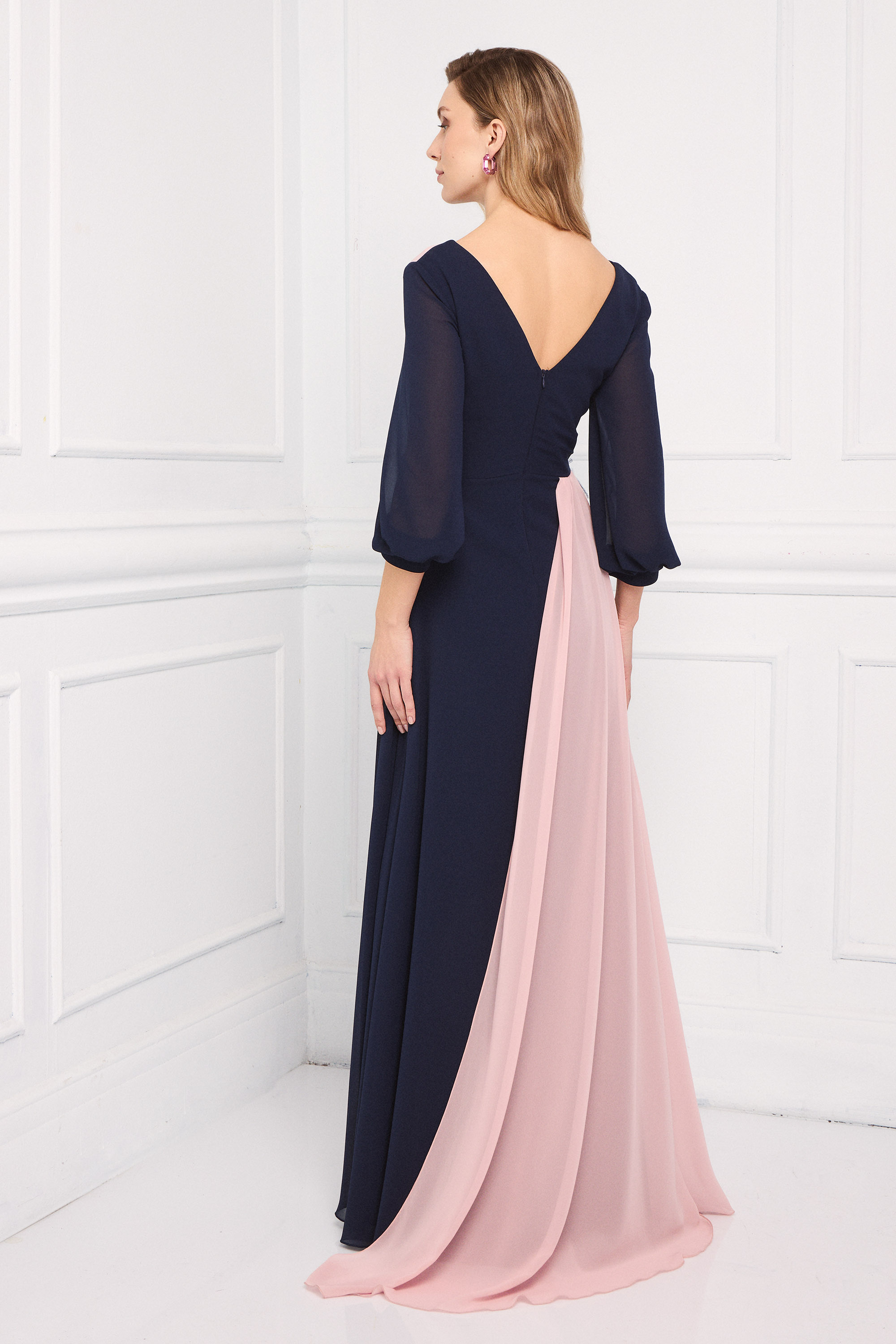 Classic Dresses / Classic long chiffon dress with wrap-style top, flower on the side, and long sleeves