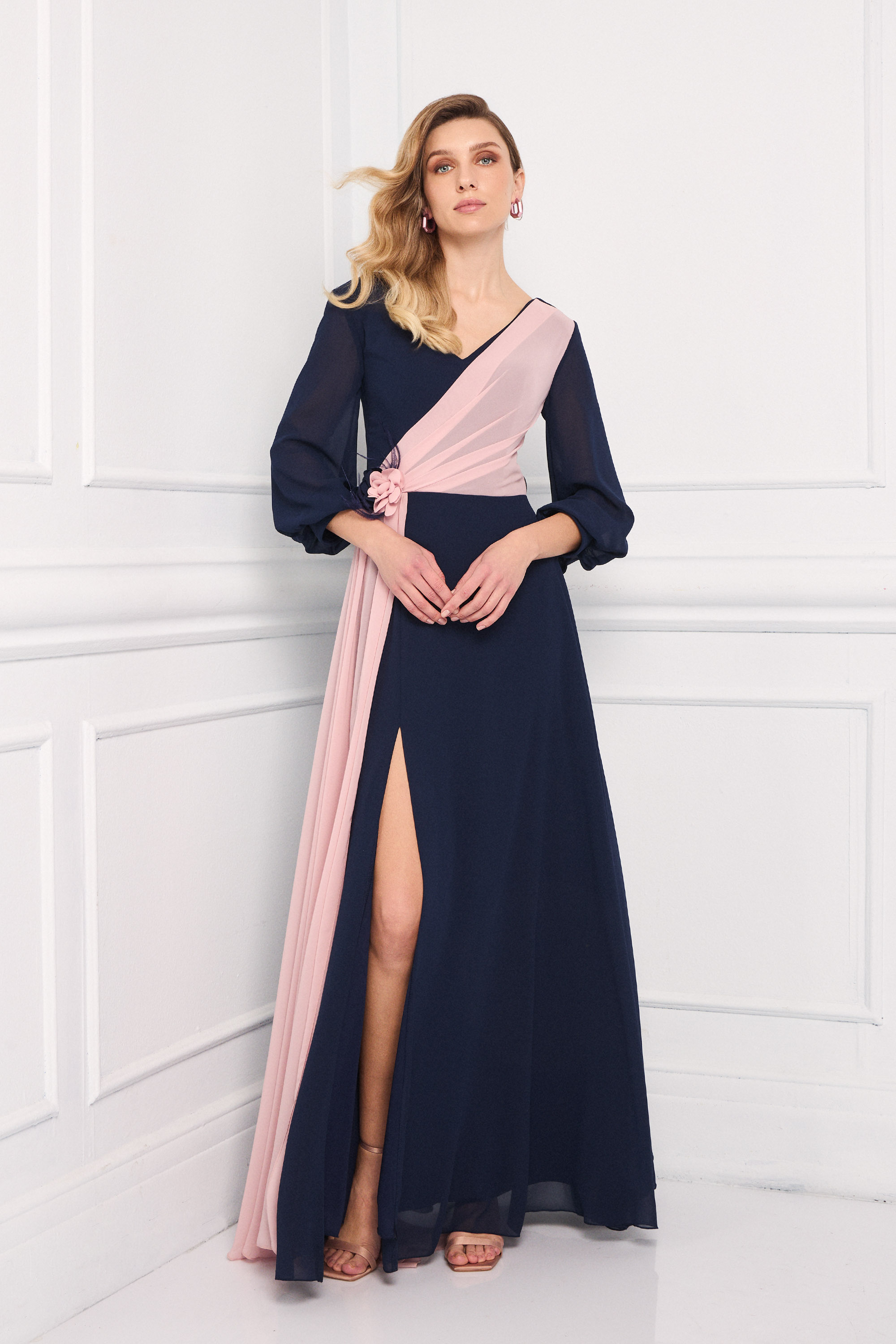 Classic Dresses / Classic long chiffon dress with wrap-style top, flower on the side, and long sleeves