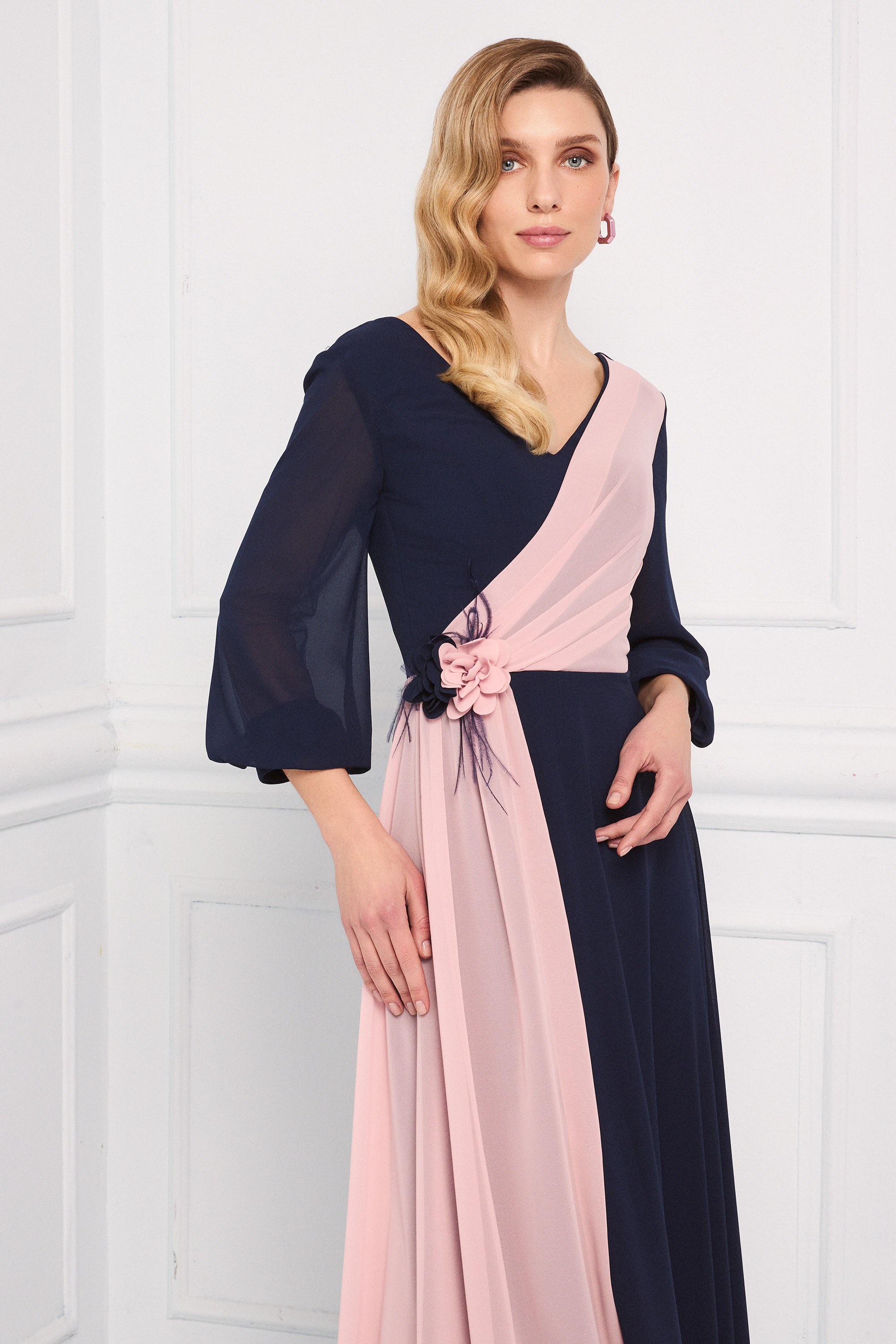 Classic Dresses / Classic long chiffon dress with wrap-style top, flower on the side, and long sleeves