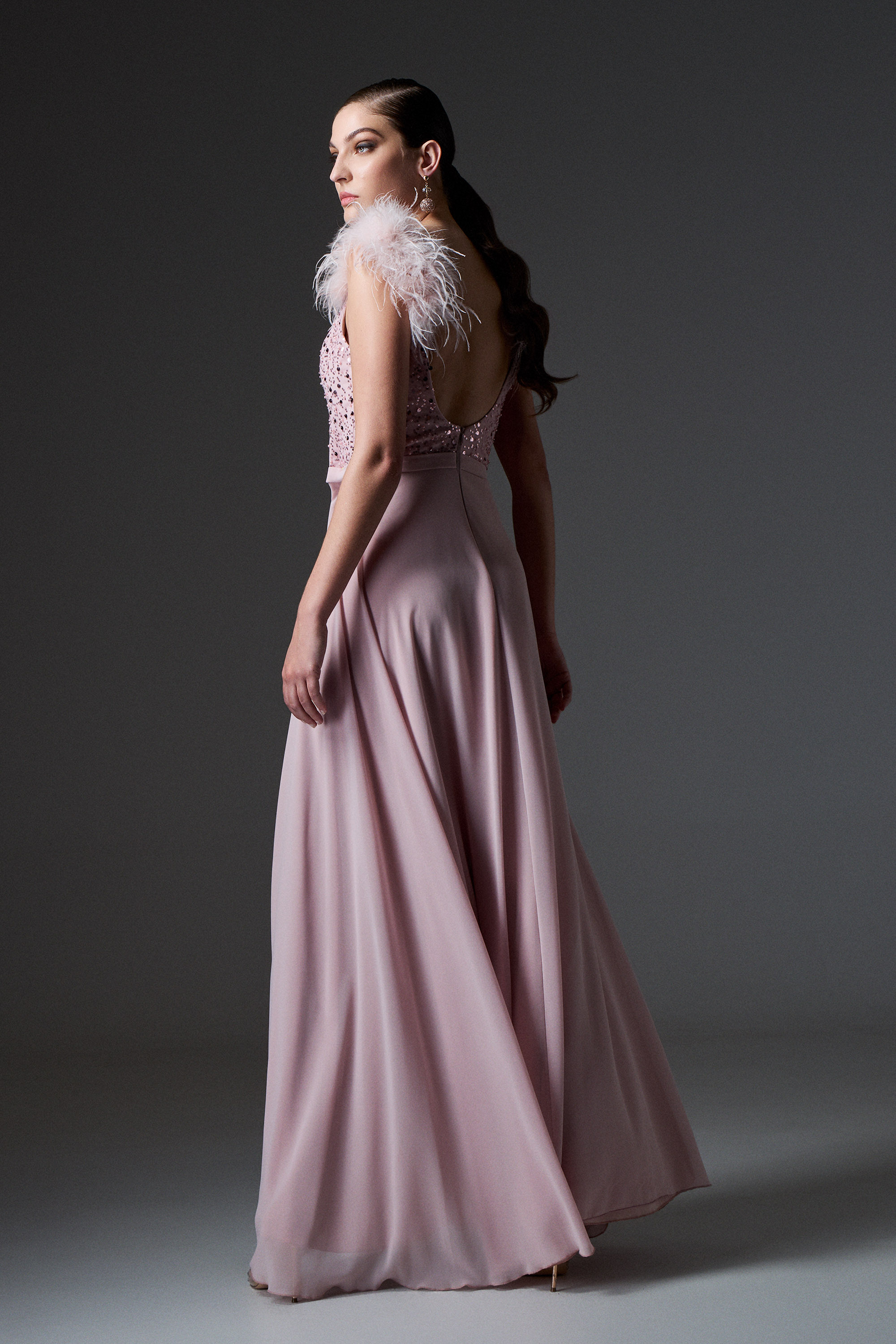 Red Carpet / Abito da sera lungo in chiffon con top ricamato e piume sulla spalla