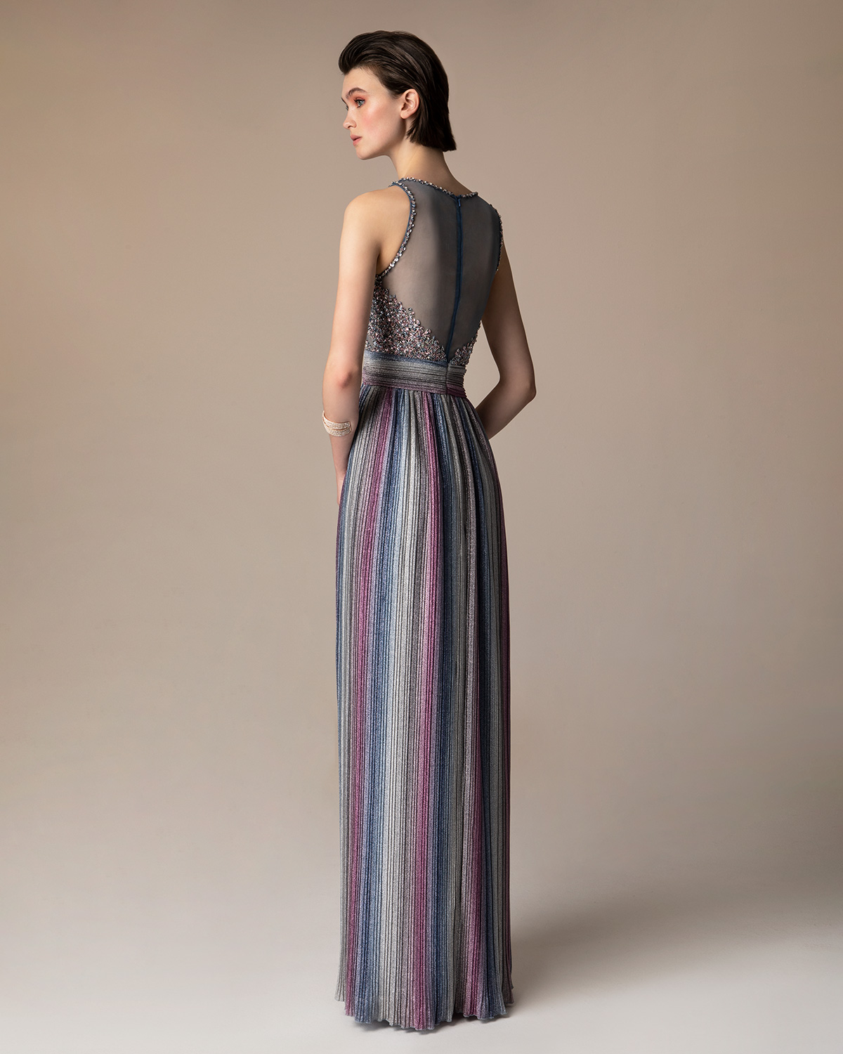 Βραδινό μακρύ φόρεμα lurex ντεγκραντέ με κεντημένο τοπ