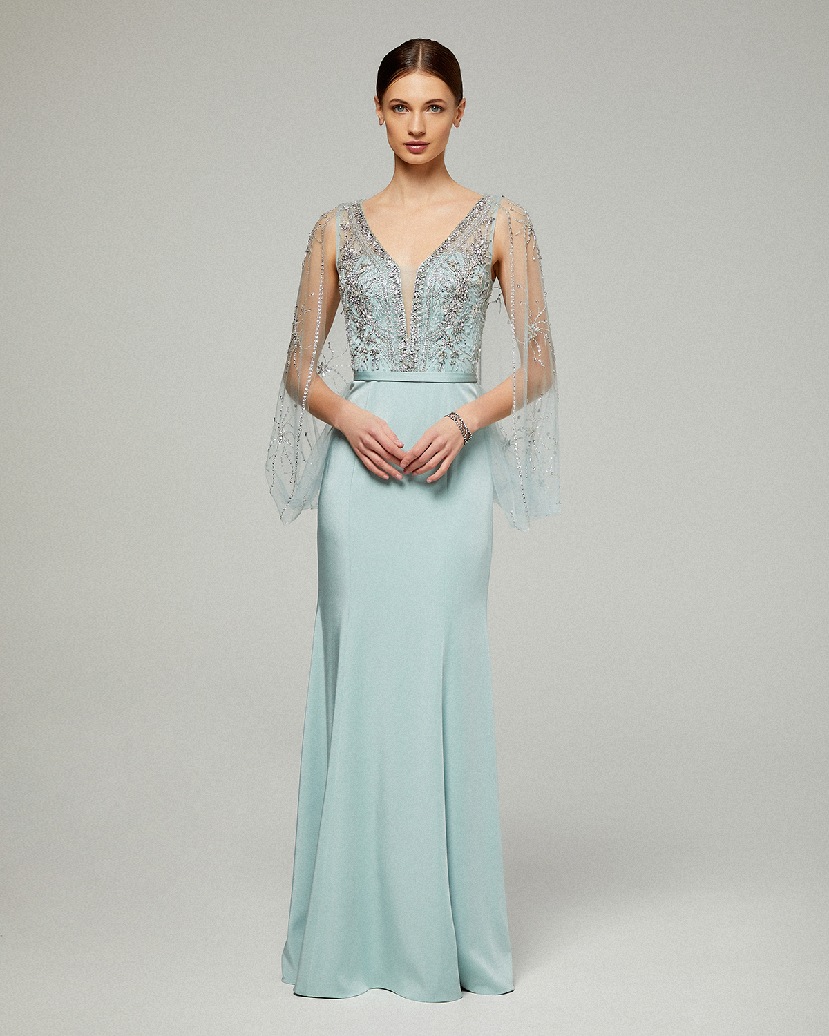 Classic Dresses / Long evening fully beaded dress with beaded cape
