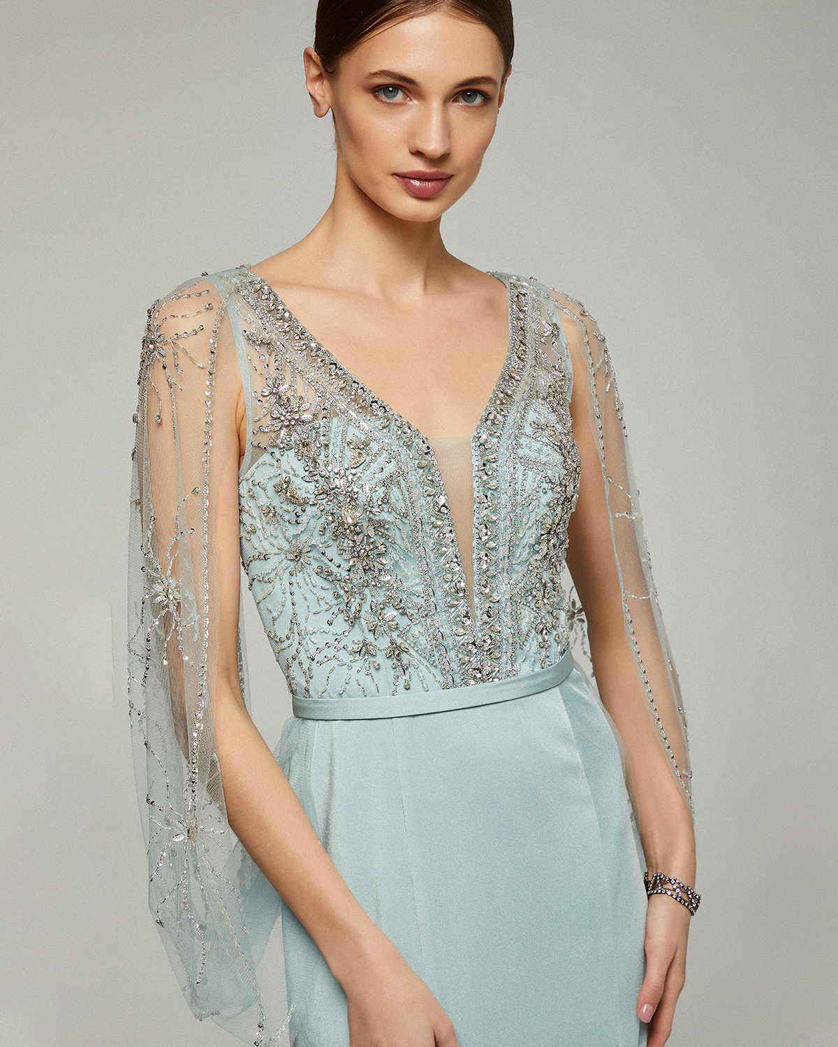 Classic Dresses / Long evening fully beaded dress with beaded cape
