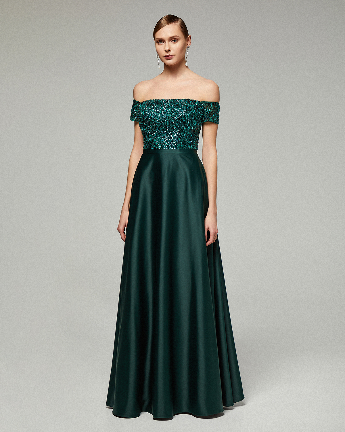 Long evening satin dress with beaded top and short sleeves