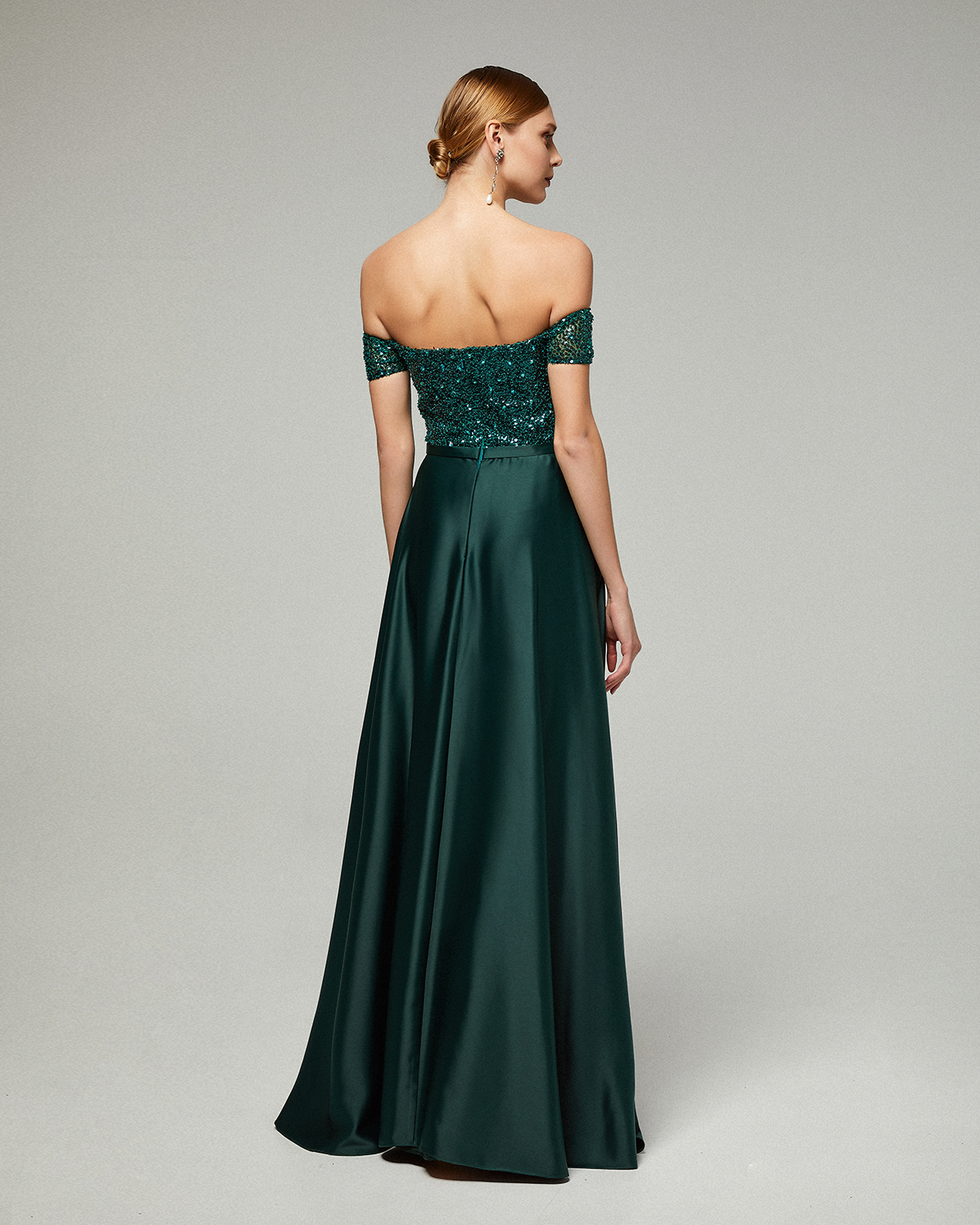 Long evening satin dress with beaded top and short sleeves