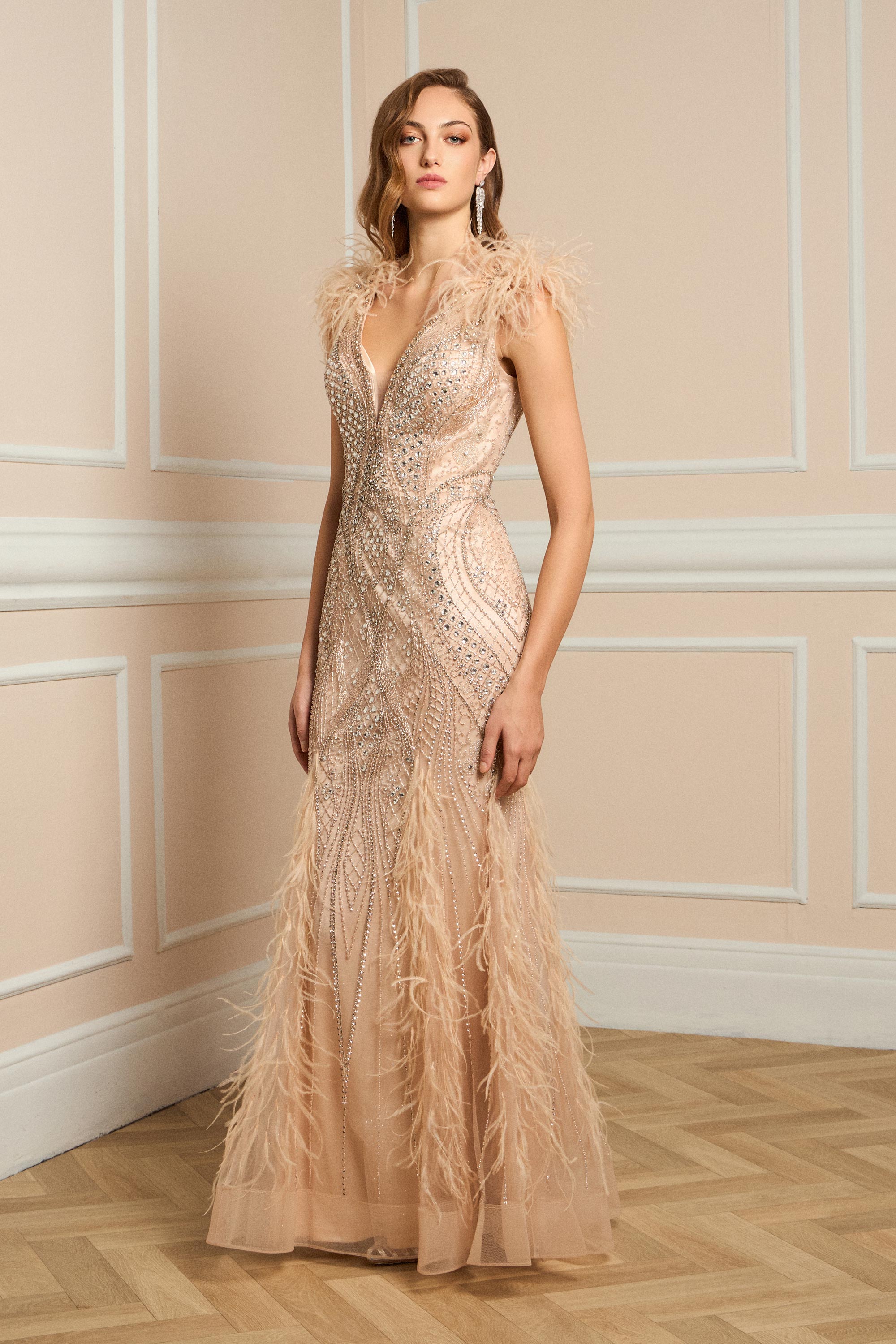 Αμπιγιέ Φορέματα / Αμπιγιέ φόρεμα με κέντημα, φτερά, λαμπερή υφή και κομψή εφαρμογή