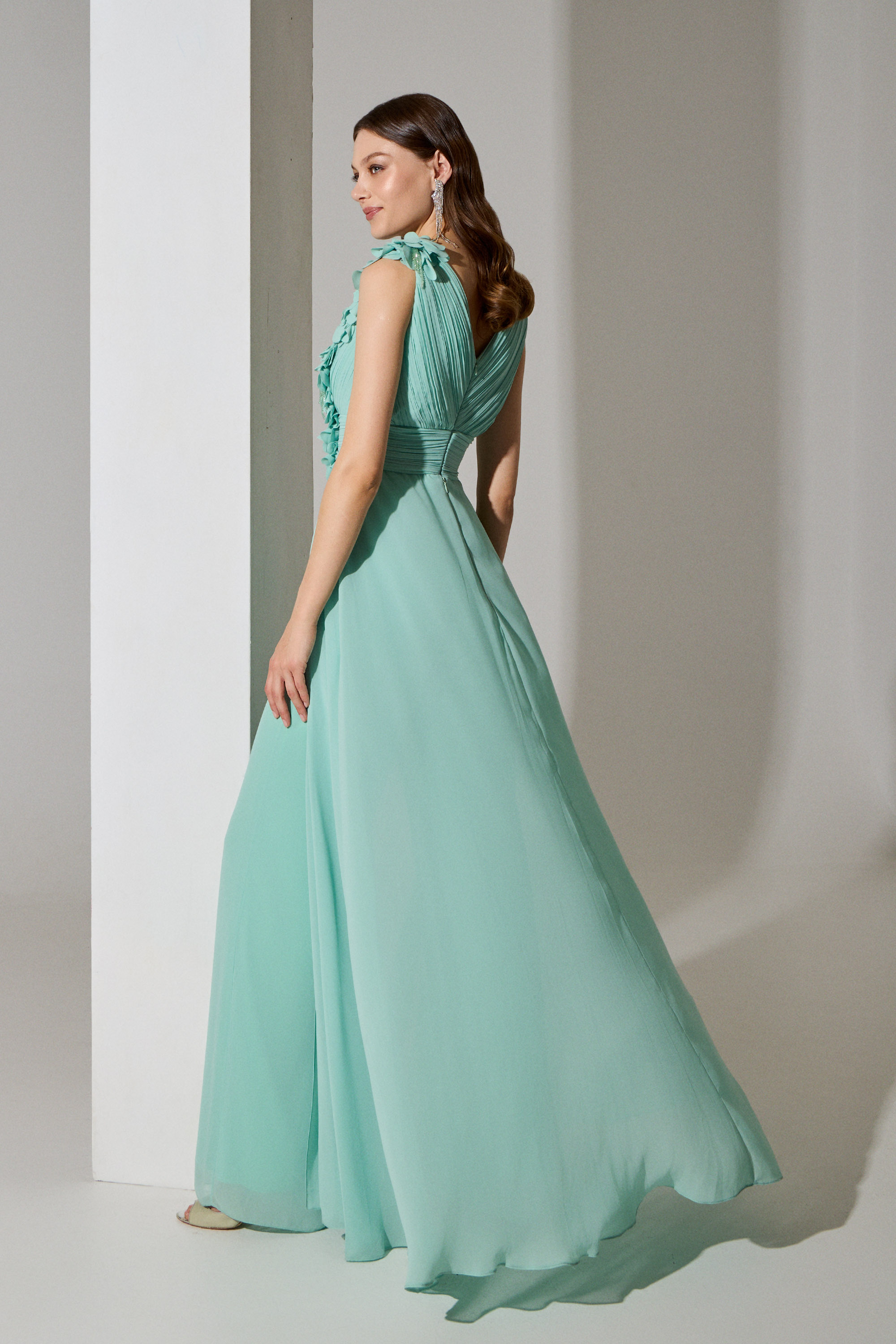 Evening Dresses / Evening long chiffon dress with draped top and embroidered flowers on the strap