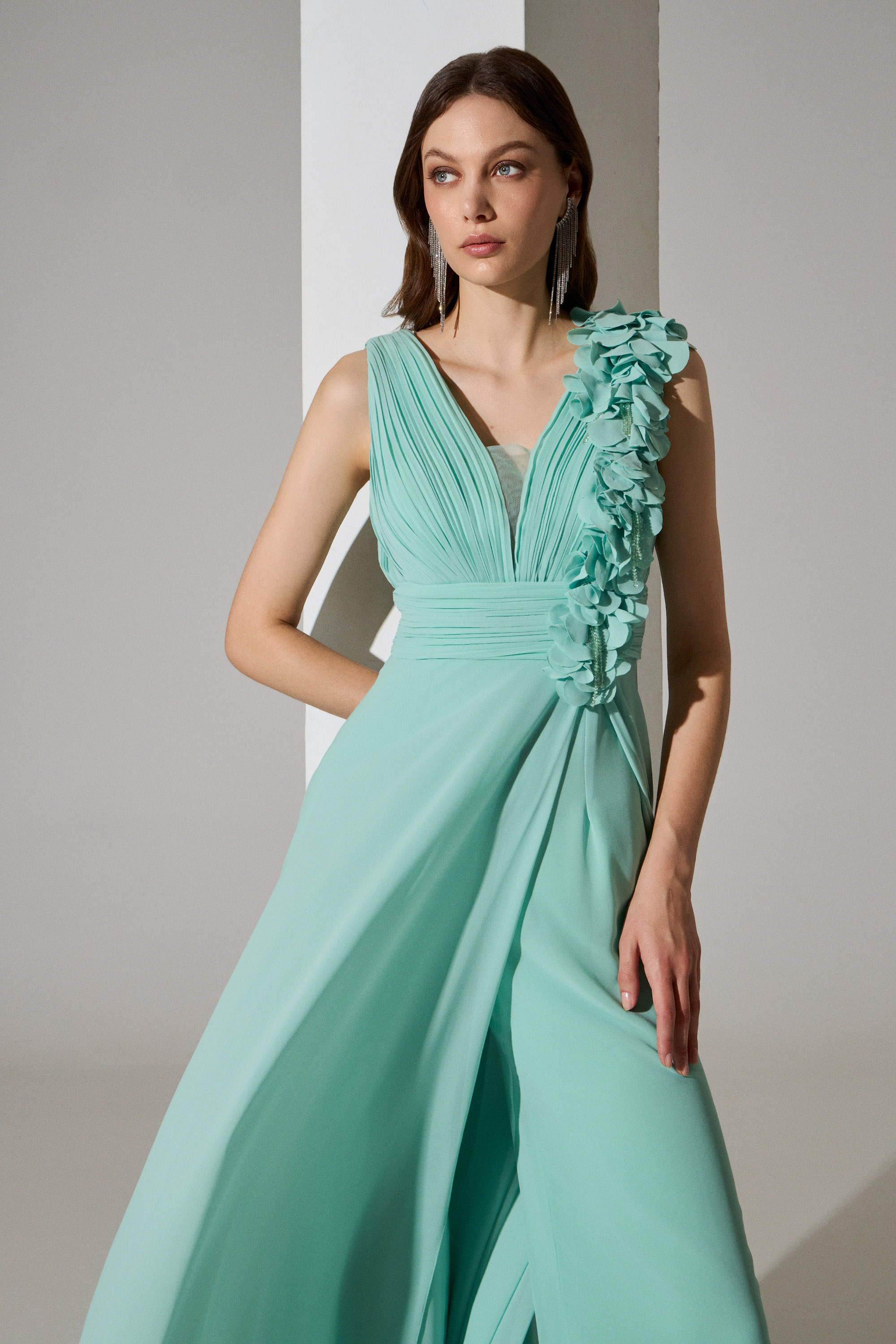 Evening Dresses / Evening long chiffon dress with draped top and embroidered flowers on the strap