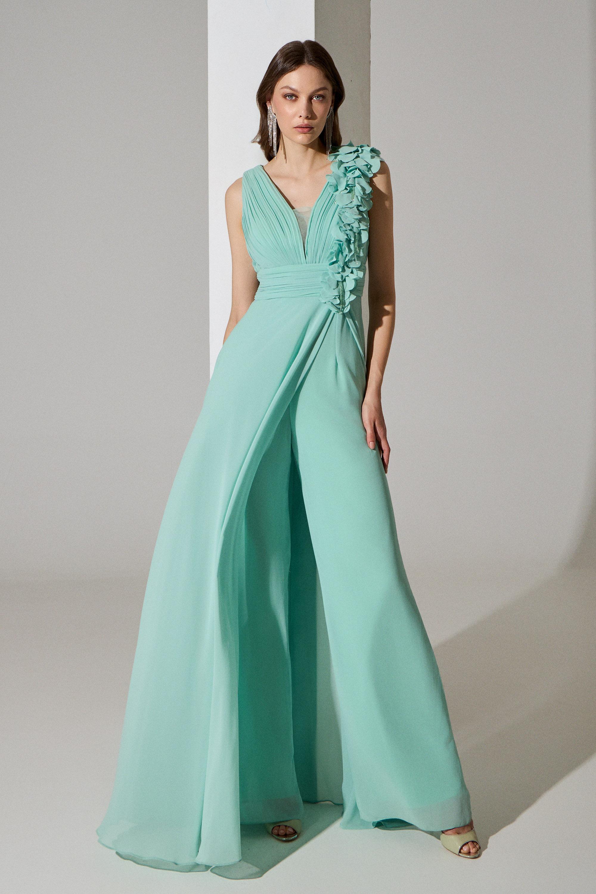 Evening Dresses / Evening long chiffon dress with draped top and embroidered flowers on the strap