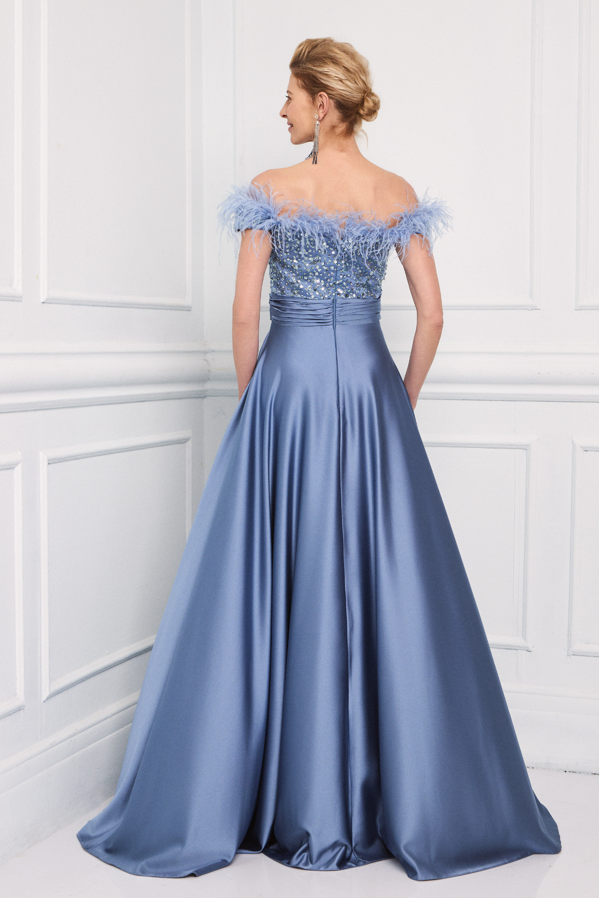 Classic Dresses / Classic long satin dress with a slit, sleeves, and fully embroidered top with feathers