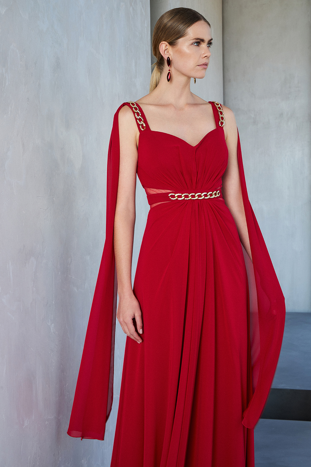 Evening Dresses / Long evening dress with chiffon fabric and beading at the top and around  the waist