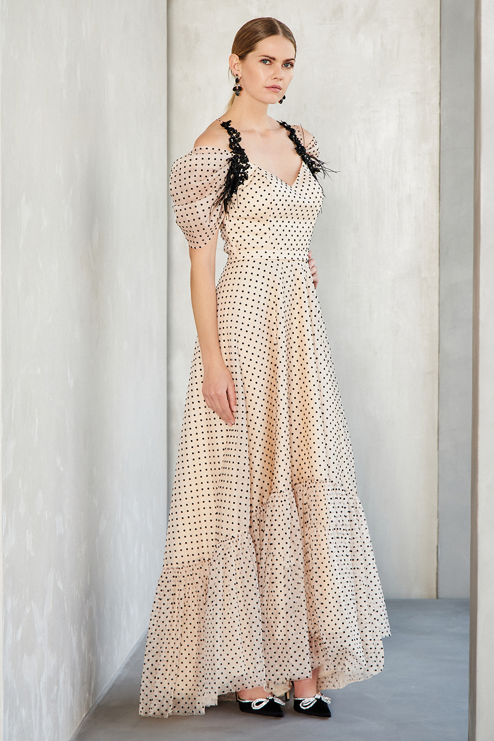 Long evening printed dress with beading at the top and short sleeves