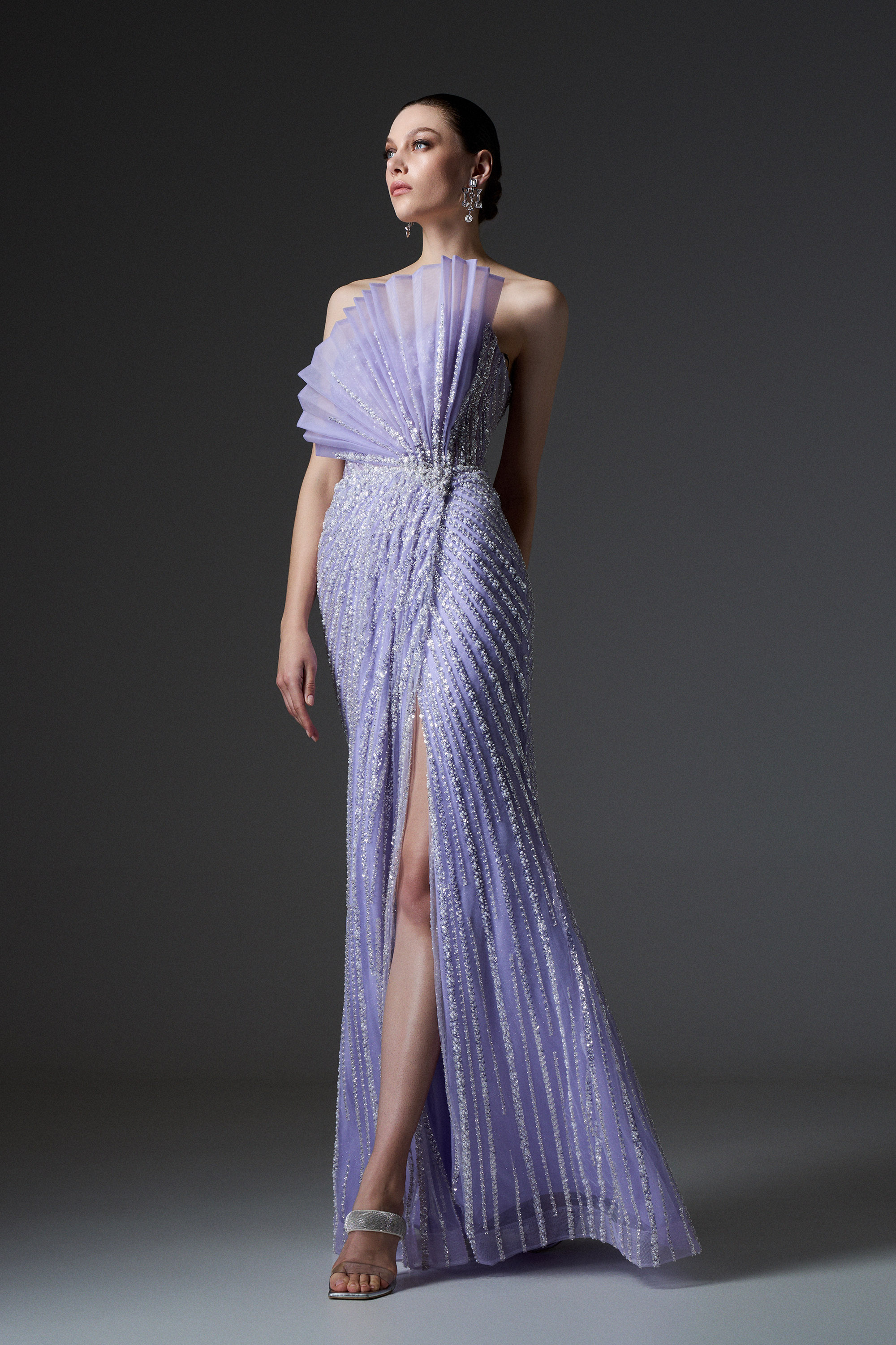 Red Carpet / Evening long strapless fully embroidered dress with a slit