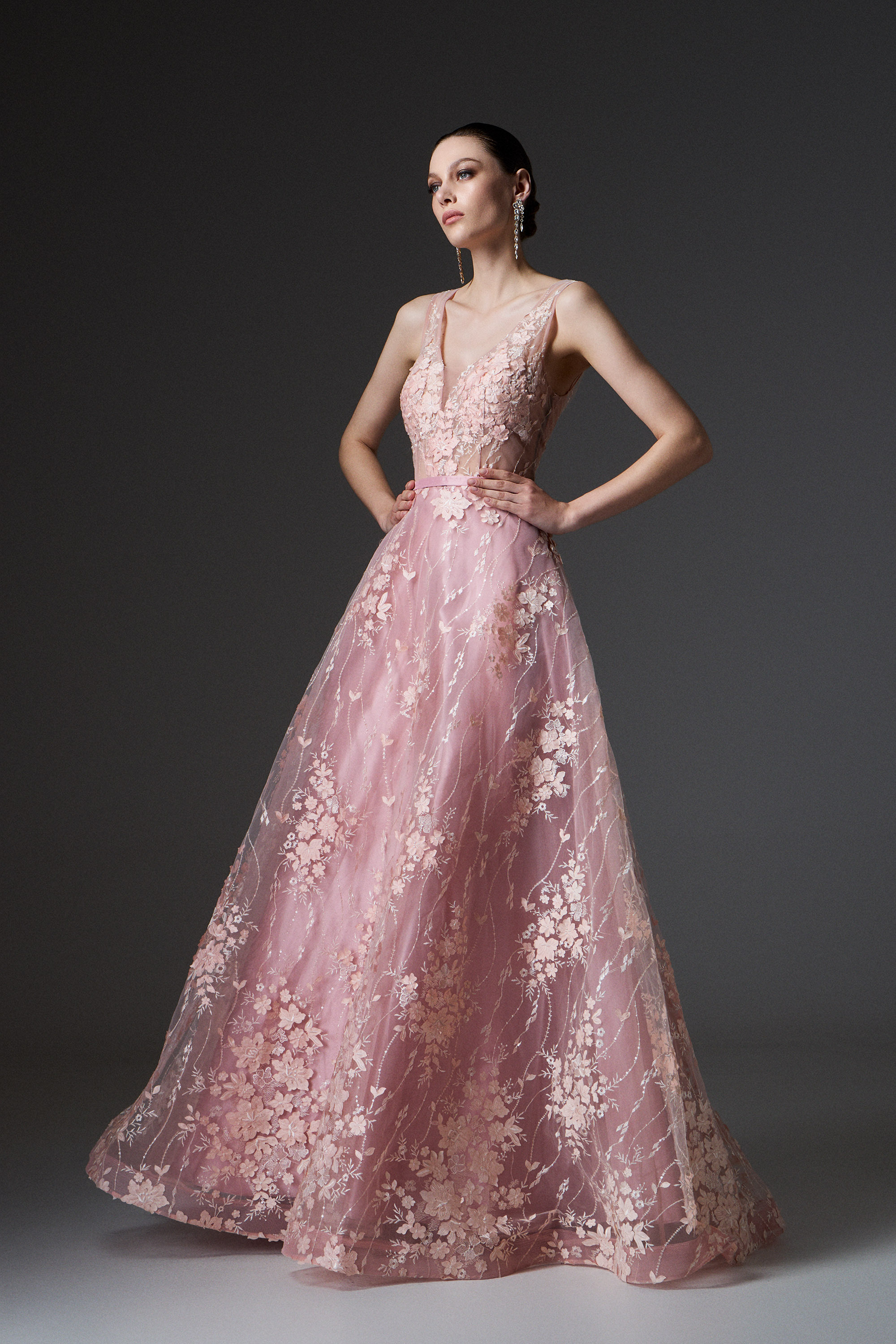 Red Carpet / Abito da sera lungo in tulle ricamato con piume e farfalle