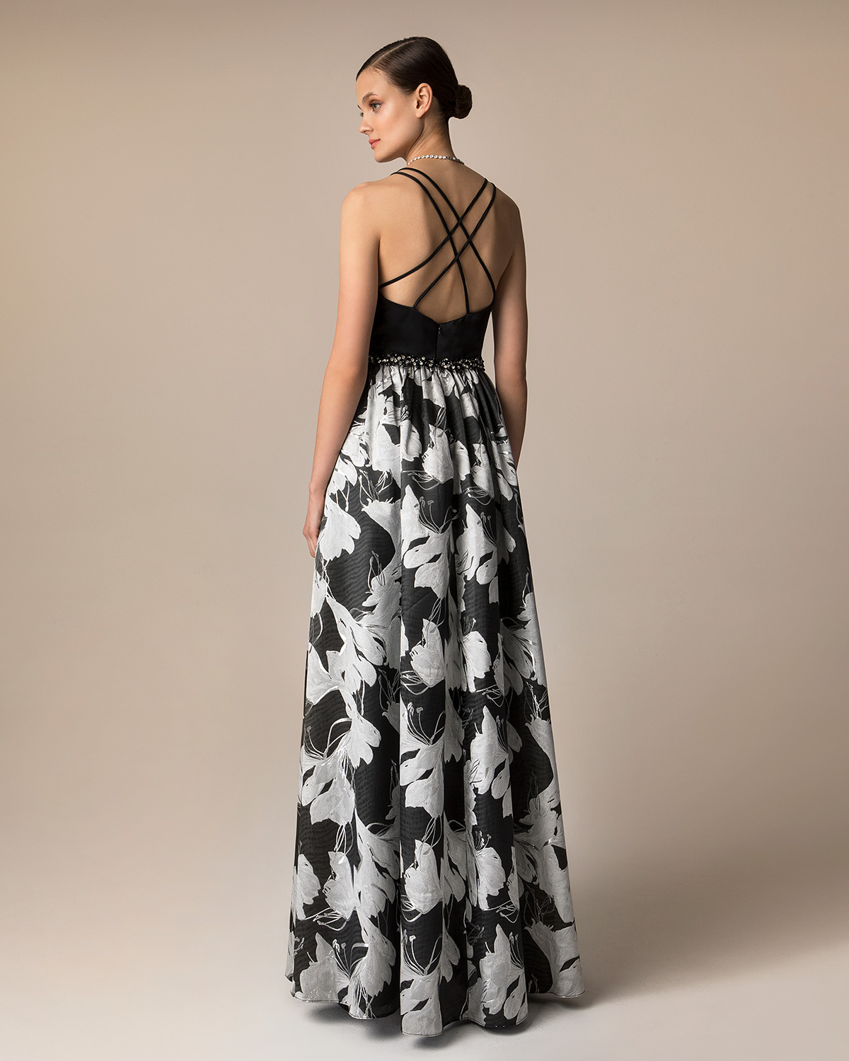 Evening Dresses / Long evening printed brocade dress with solid color top and beaded belt