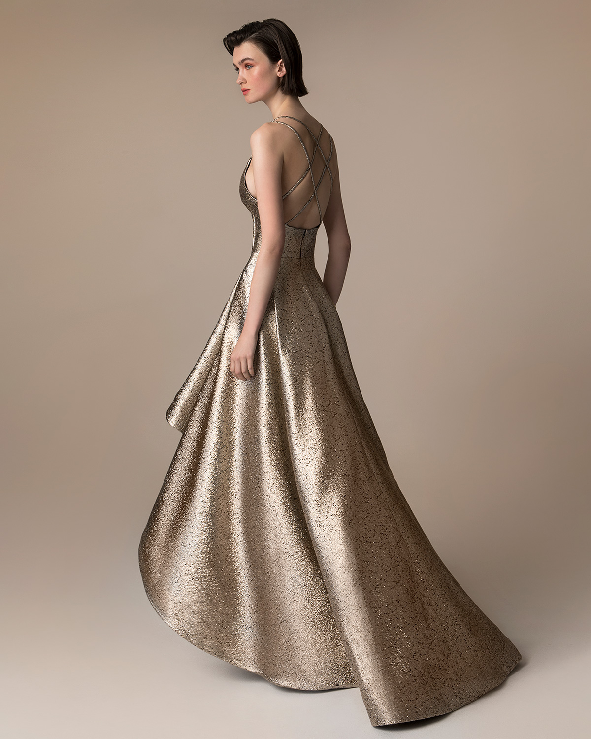 Evening Dresses / Long asymmetrical evening dress with shining brocade