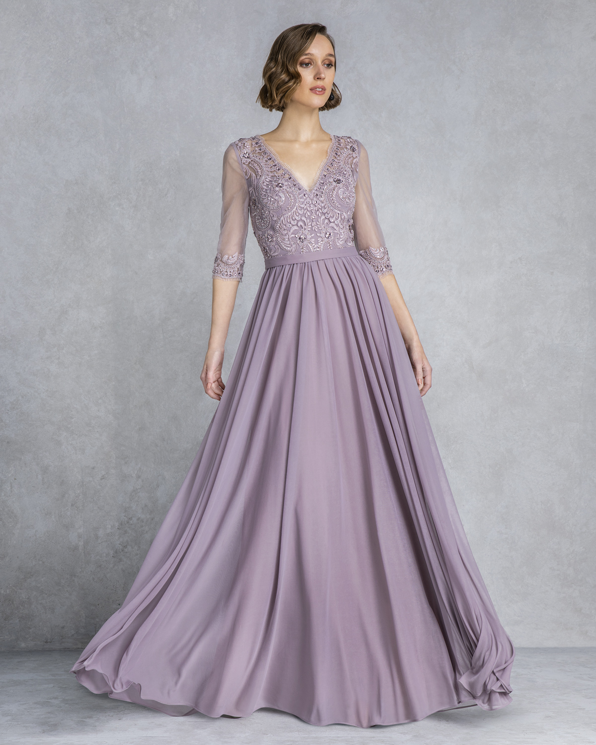 Long mother of the bride evening dress with beading and sleeves