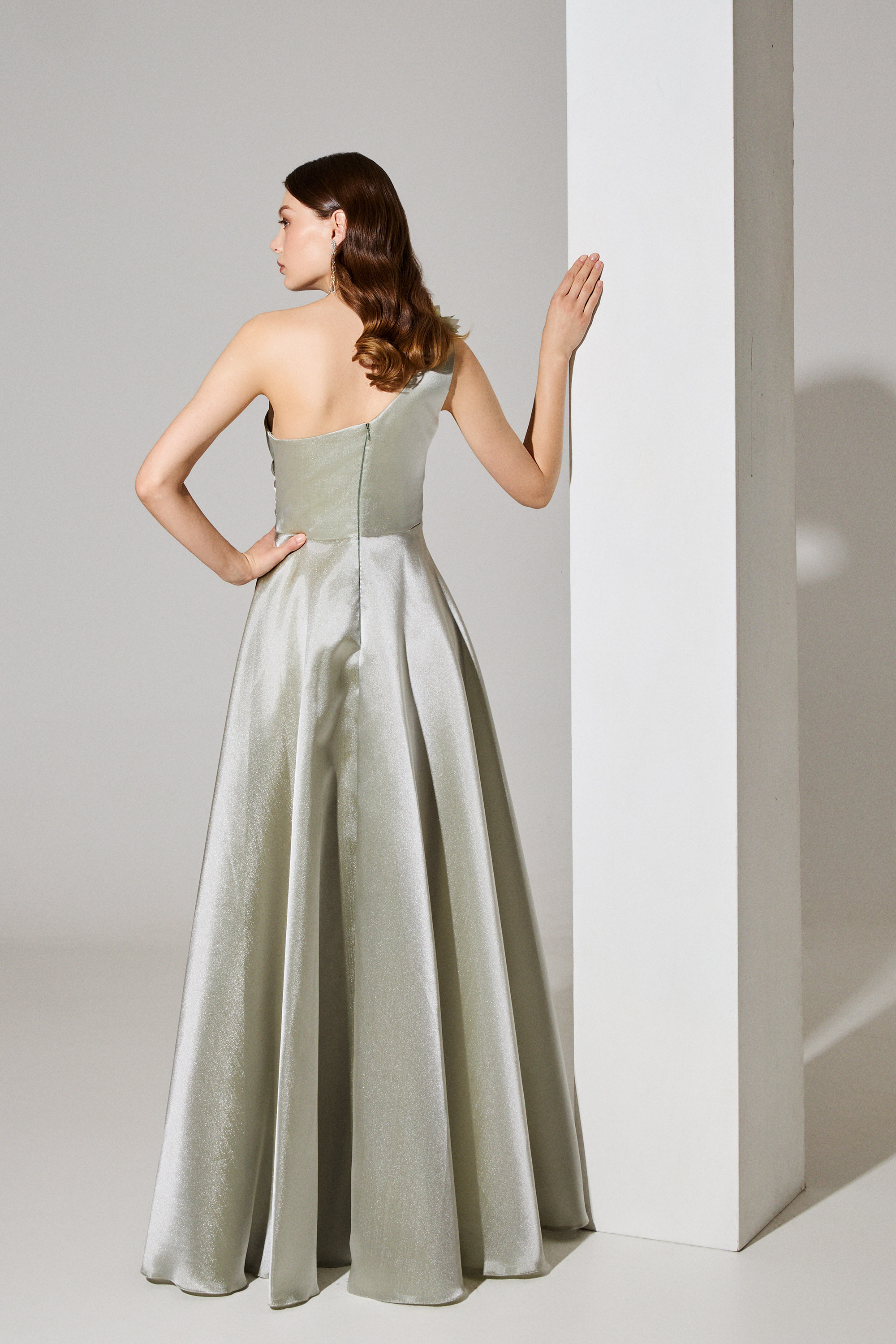 Evening Dresses / Evening long one-shoulder organza dress with a flower and embroidery on the shoulder