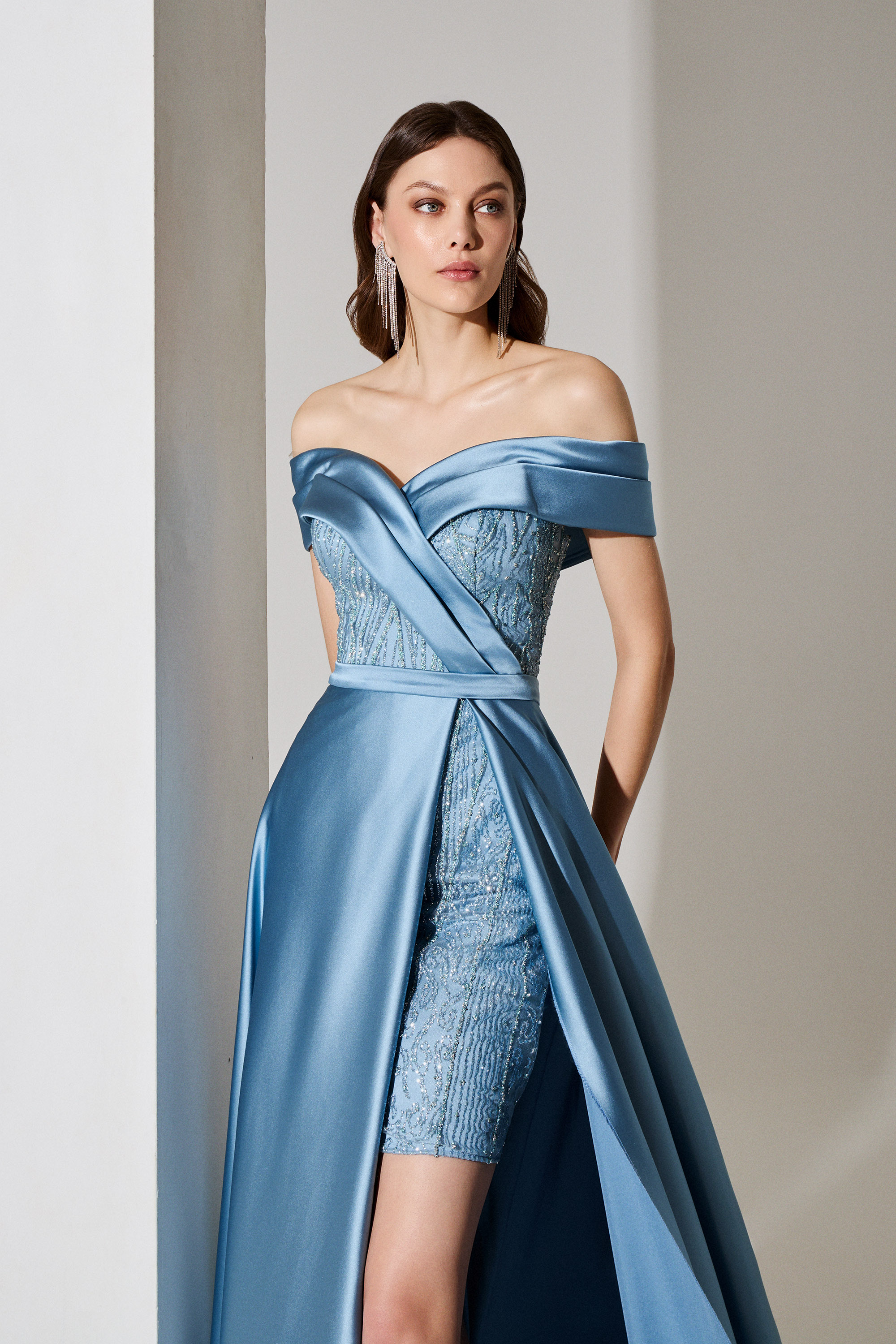 Evening Dresses / Evening long satin dress with sleeves and fully embroidered short inner dress