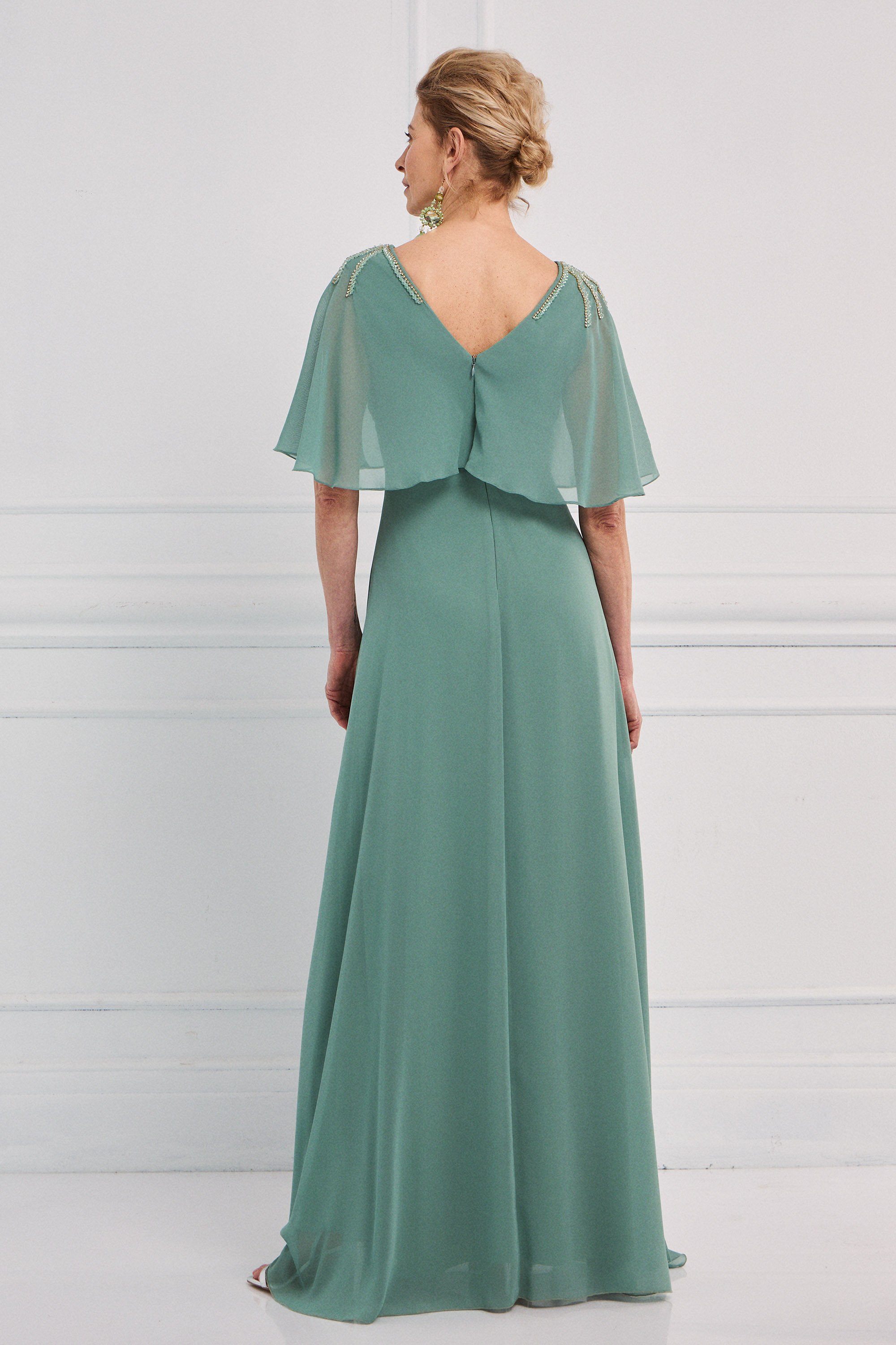 Classic Dresses / Classic long chiffon dress with embroidery on the shoulders, waist, and a cape with sleeves