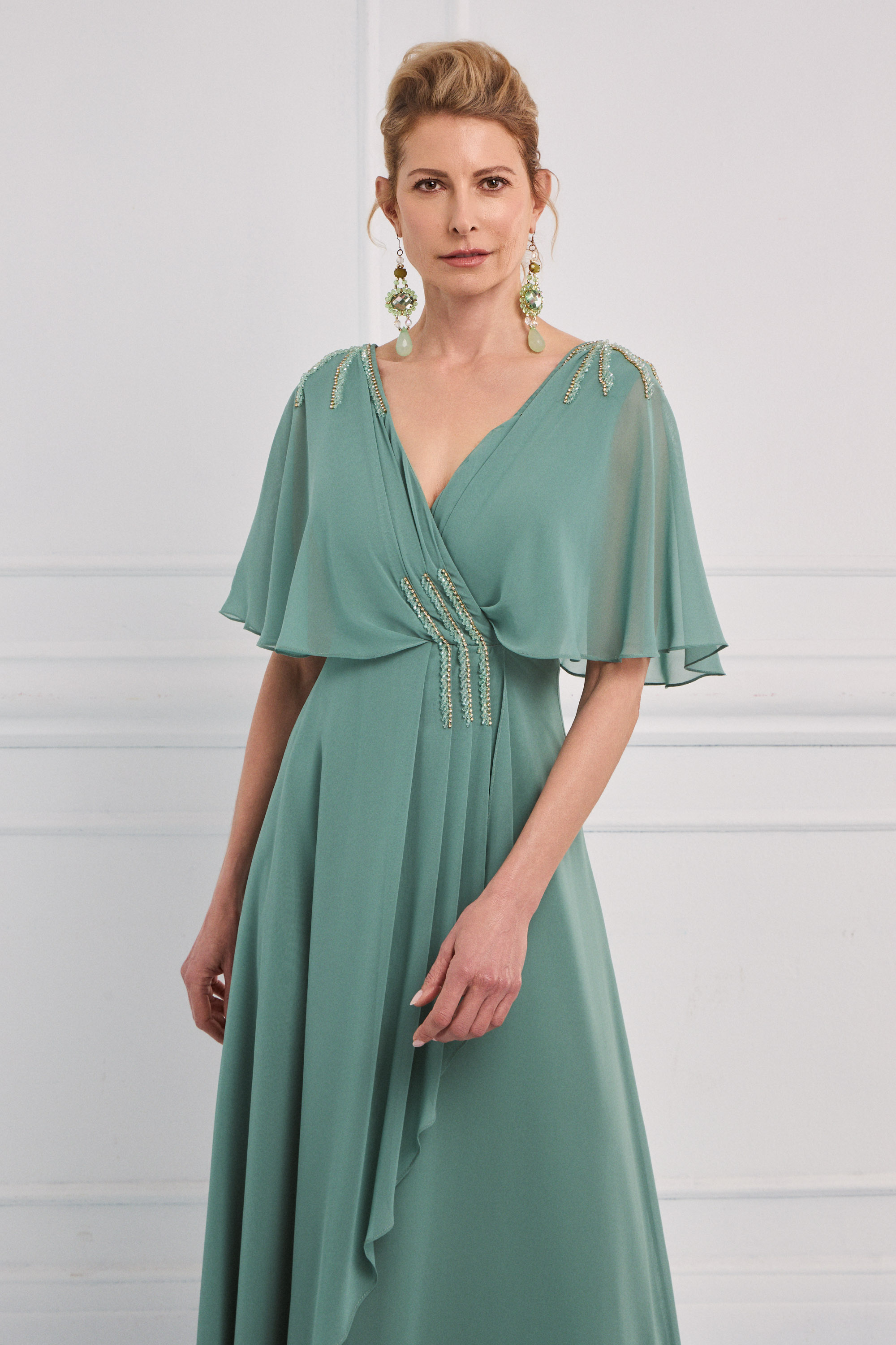 Classic Dresses / Classic long chiffon dress with embroidery on the shoulders, waist, and a cape with sleeves