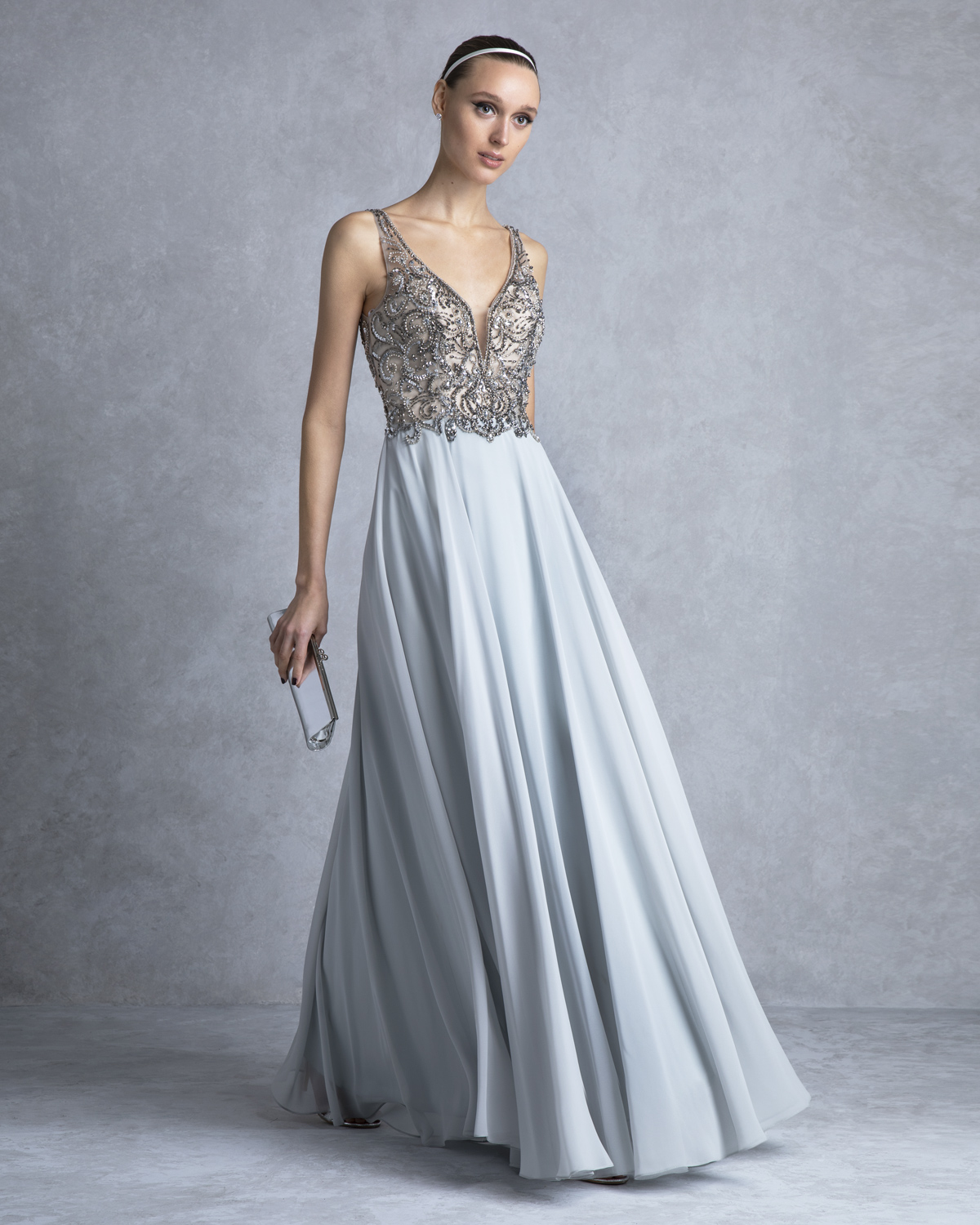 Evening Dresses / Long evening dress with beaded top and chifon skirt