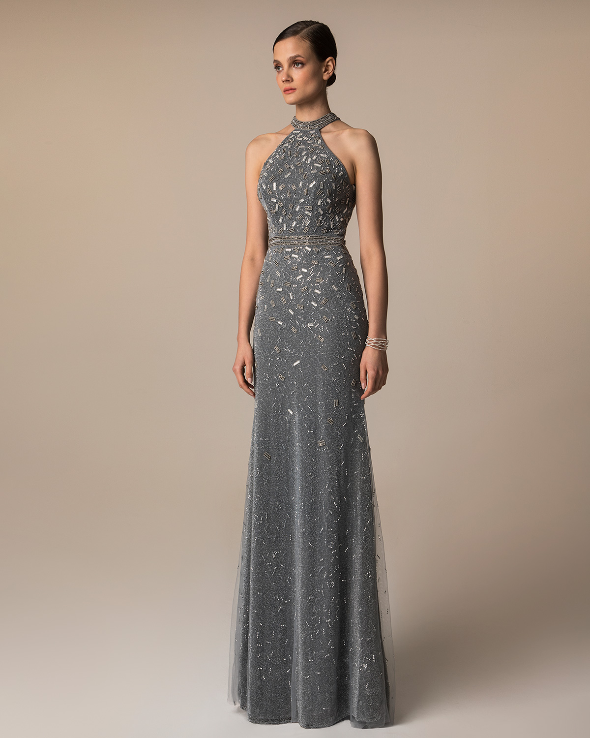 Evening Dresses / Long evening dress with beaded neck and waist
