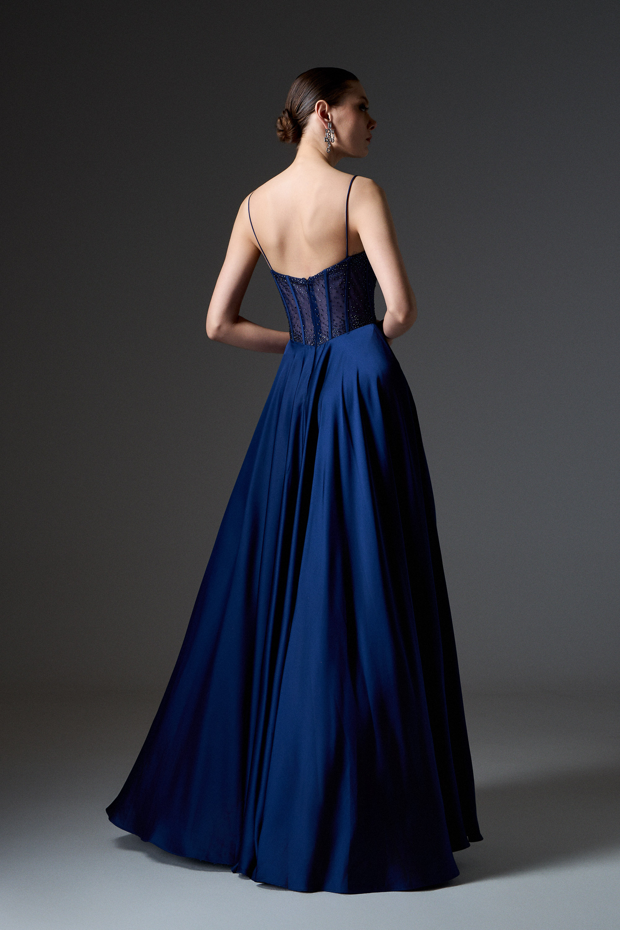Red Carpet / Evening long satin dress with fully embroidered boned top