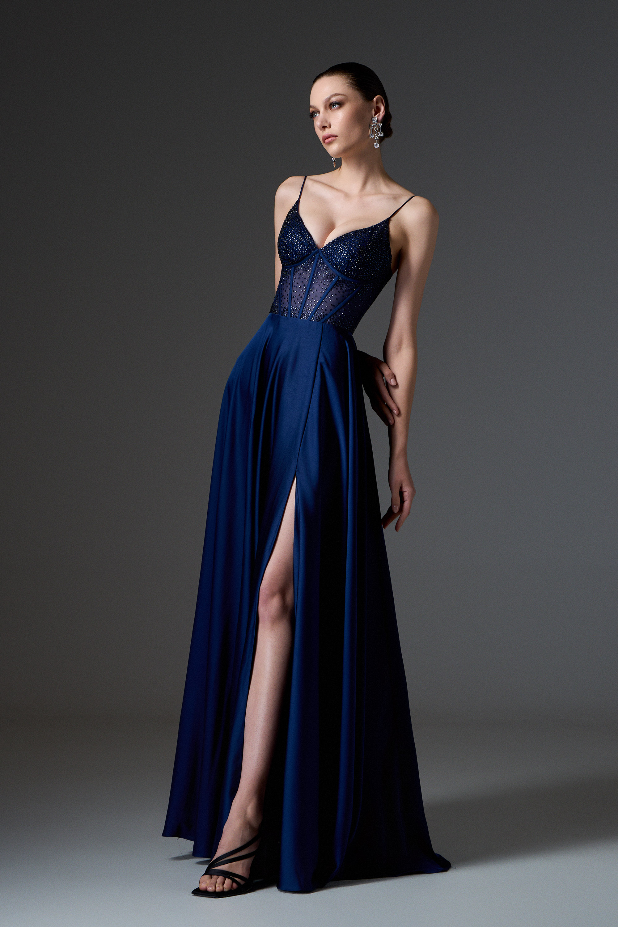 Red Carpet / Evening long satin dress with fully embroidered boned top